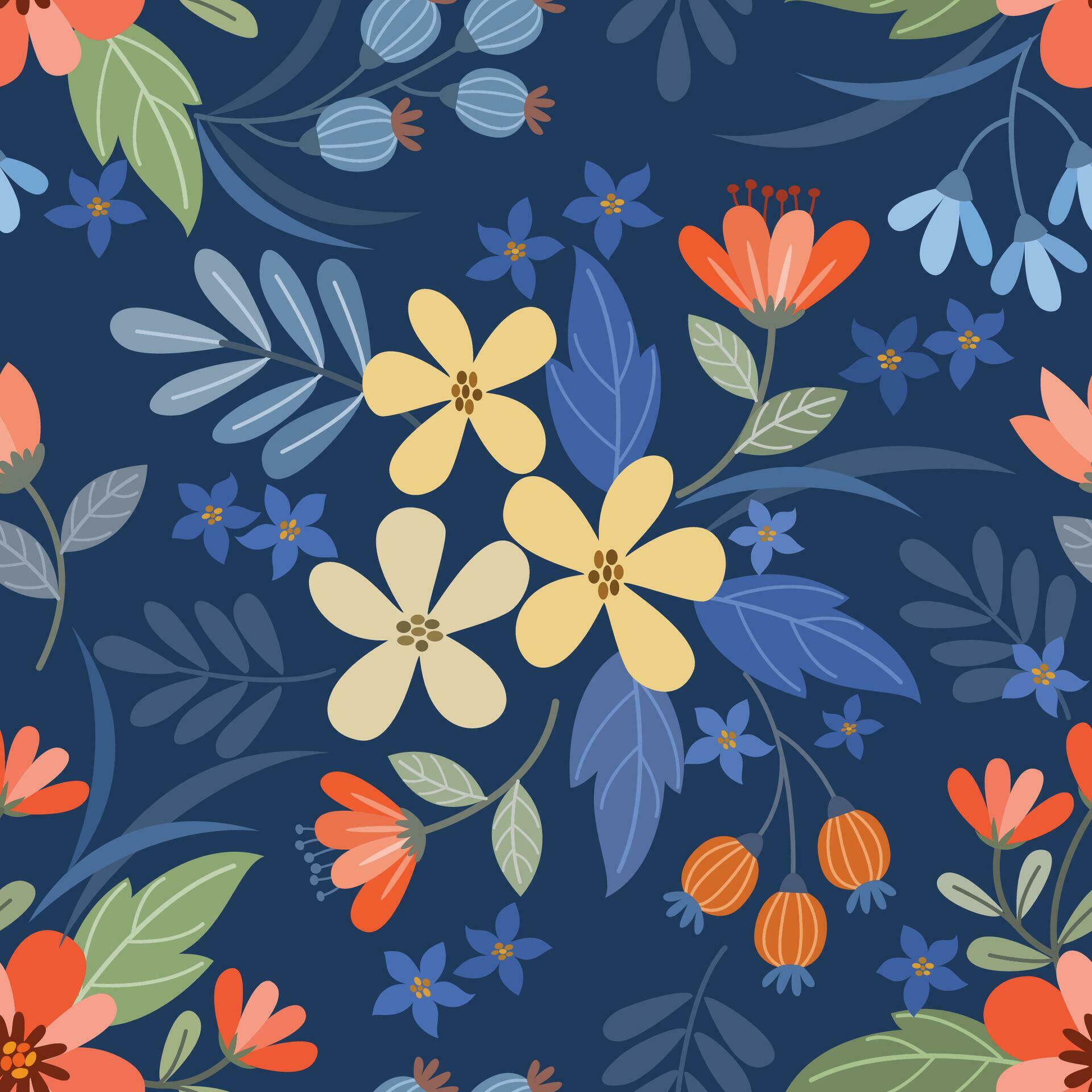 Colorful flowers and leaf on dark blue color background seamless pattern Stock Free