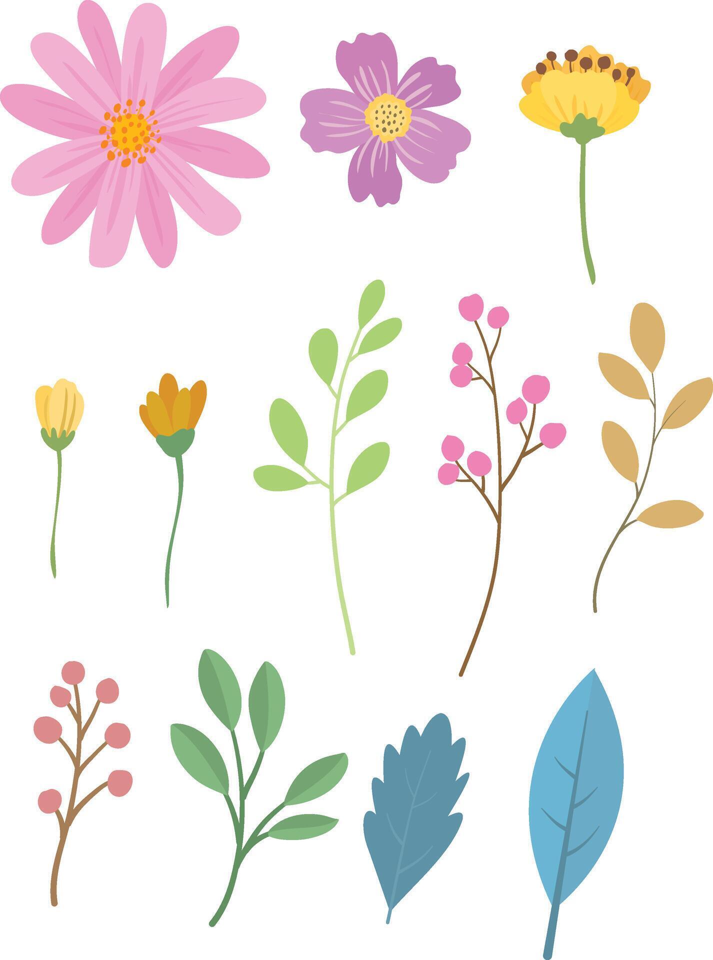 Set of Hand Drawn Flowers. Flower and Leaf Collection. Stock Free