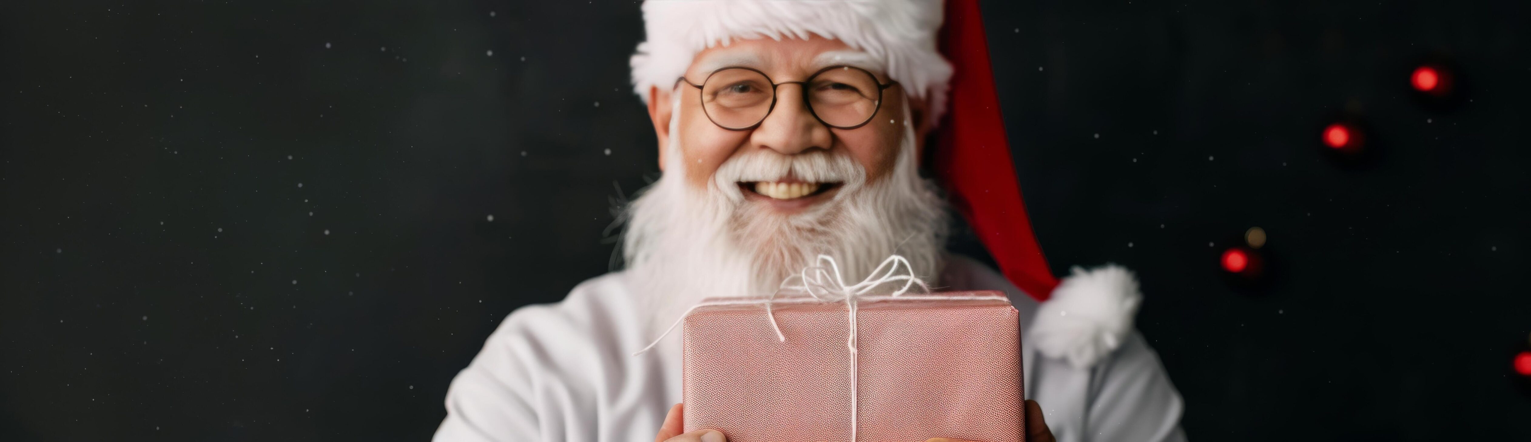 Cheerful Santa Holding Wrapped Gift Against a Festive Background Stock Free