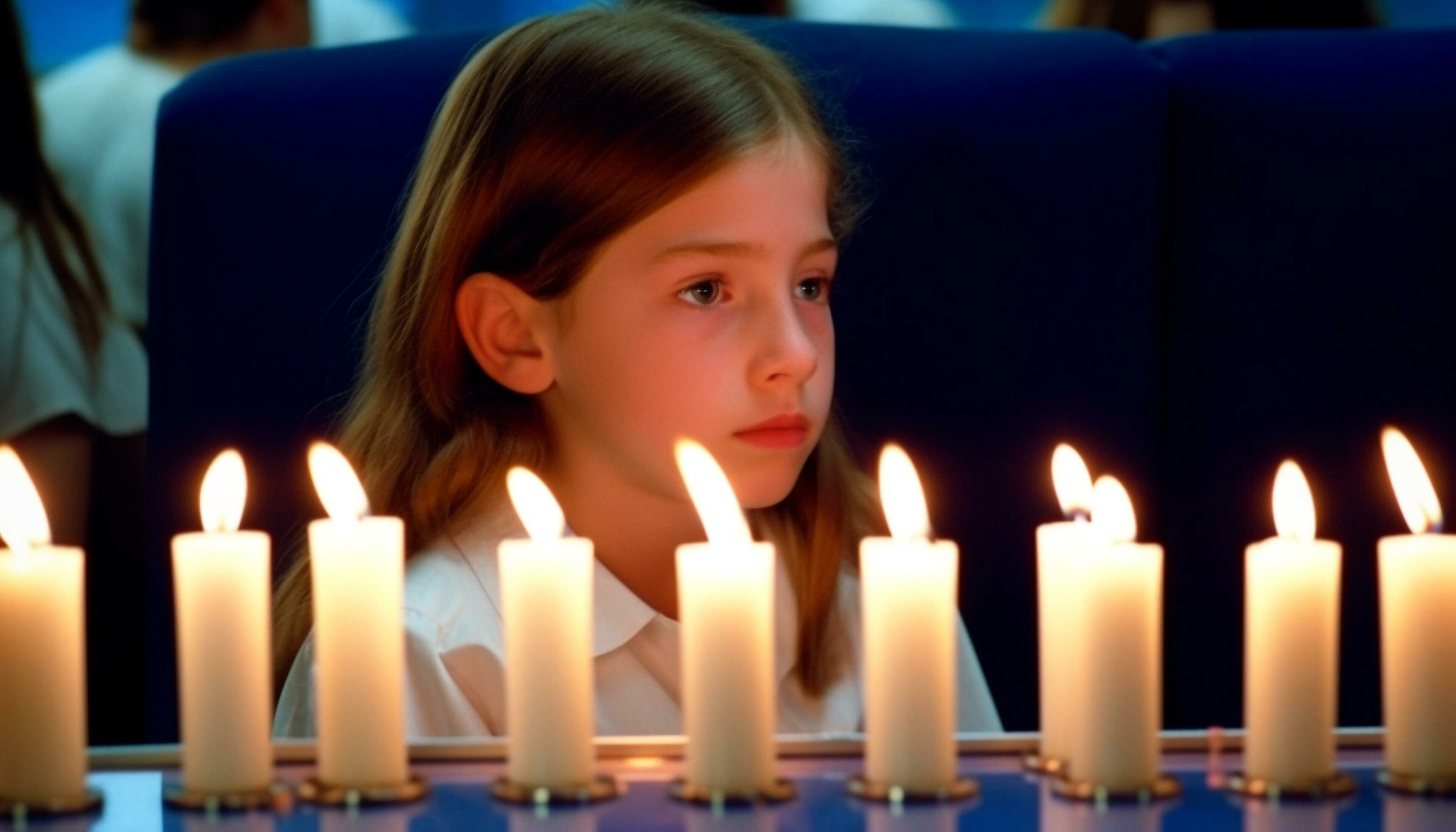 Caucasian child smiling, holding candle, celebrating Christianity with family generated by AI Stock Free