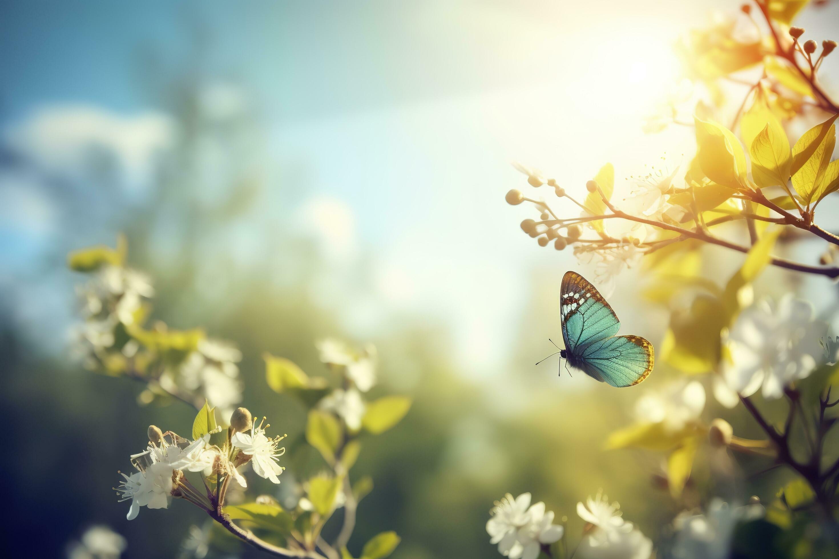 A butterfly sitting on flower and leaf, generate ai Stock Free