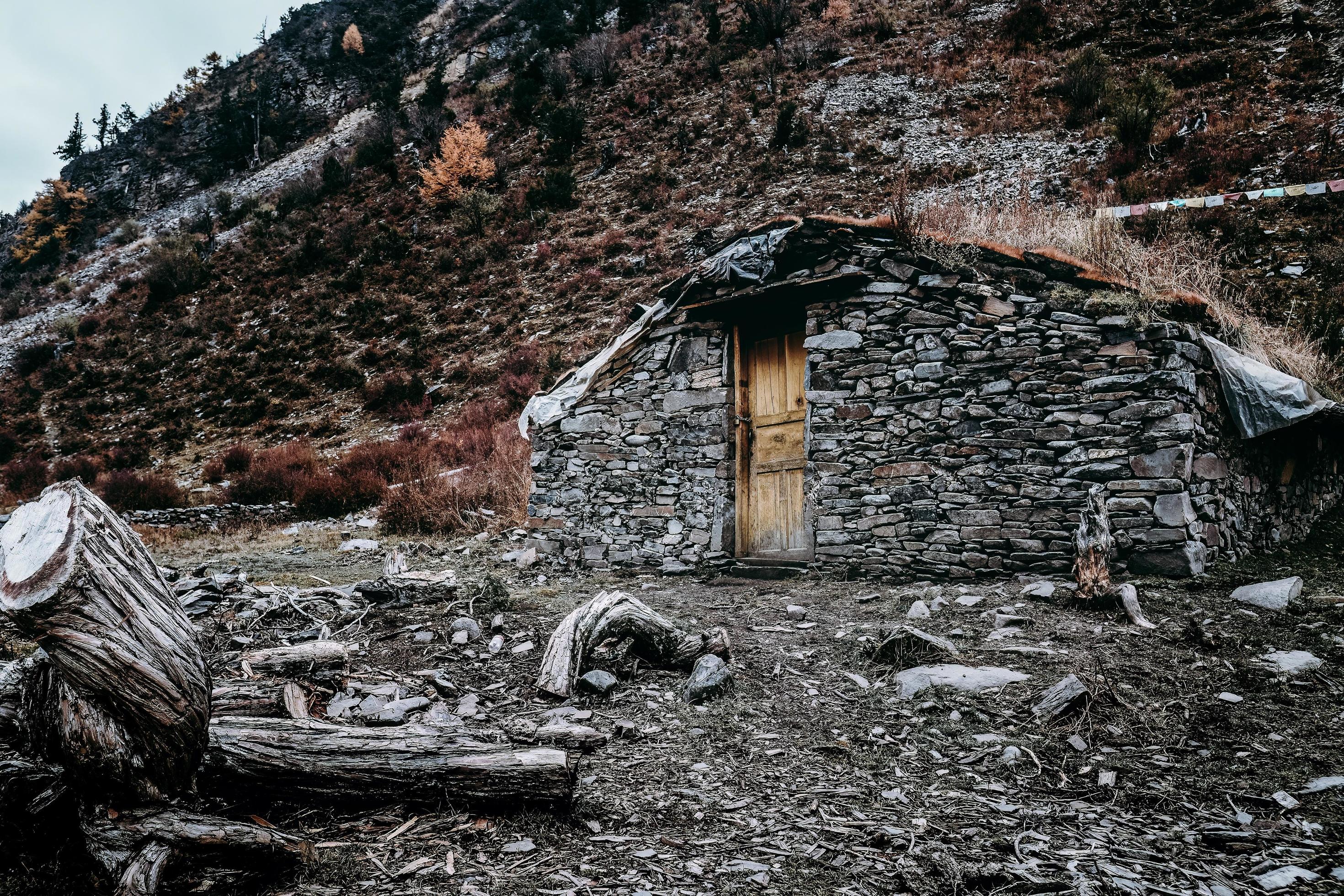 Stone Houses of Alpine Herdsmen in Tibetan Areas of China Stock Free