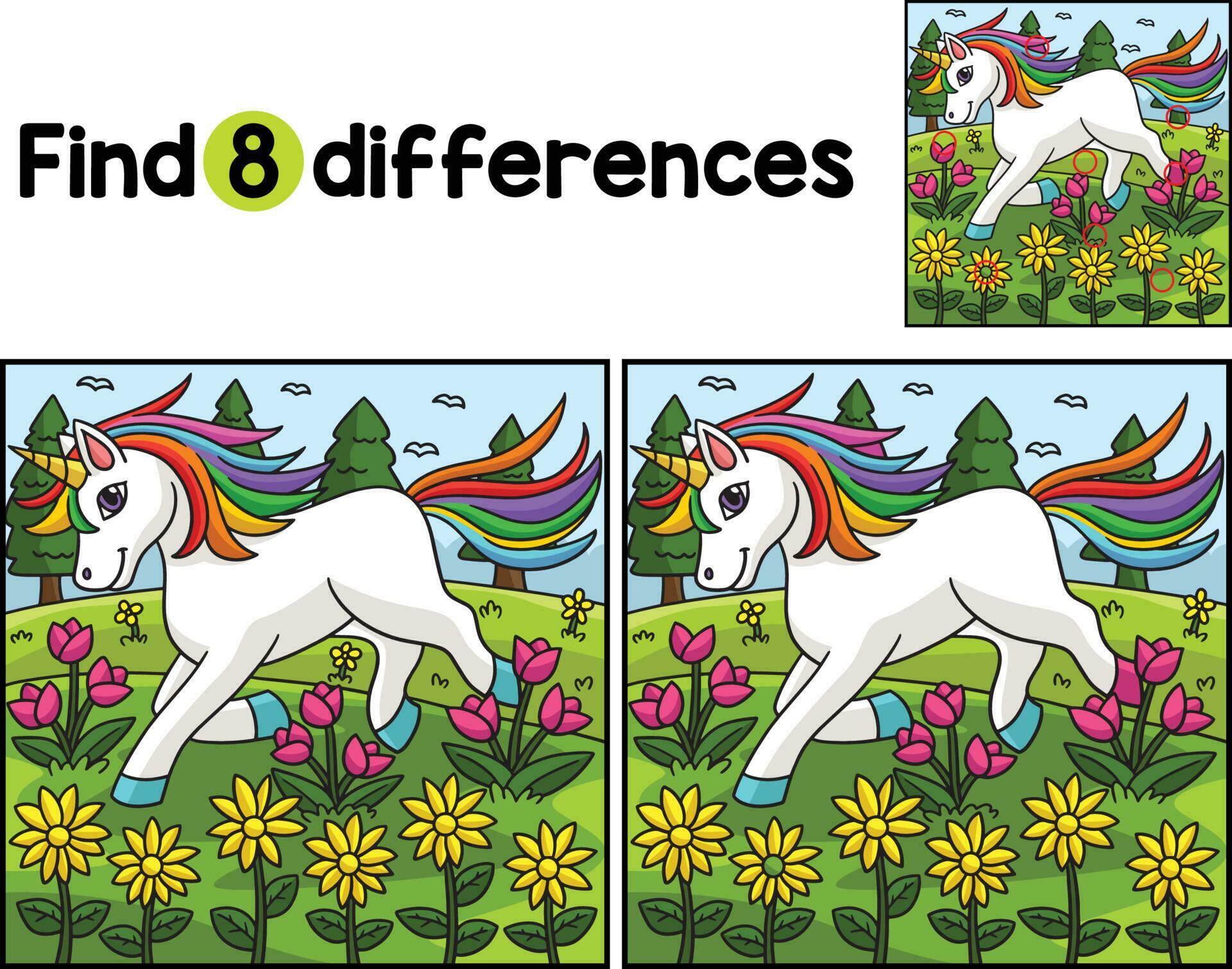 Unicorn Playing on the Flower Find The Differences Stock Free