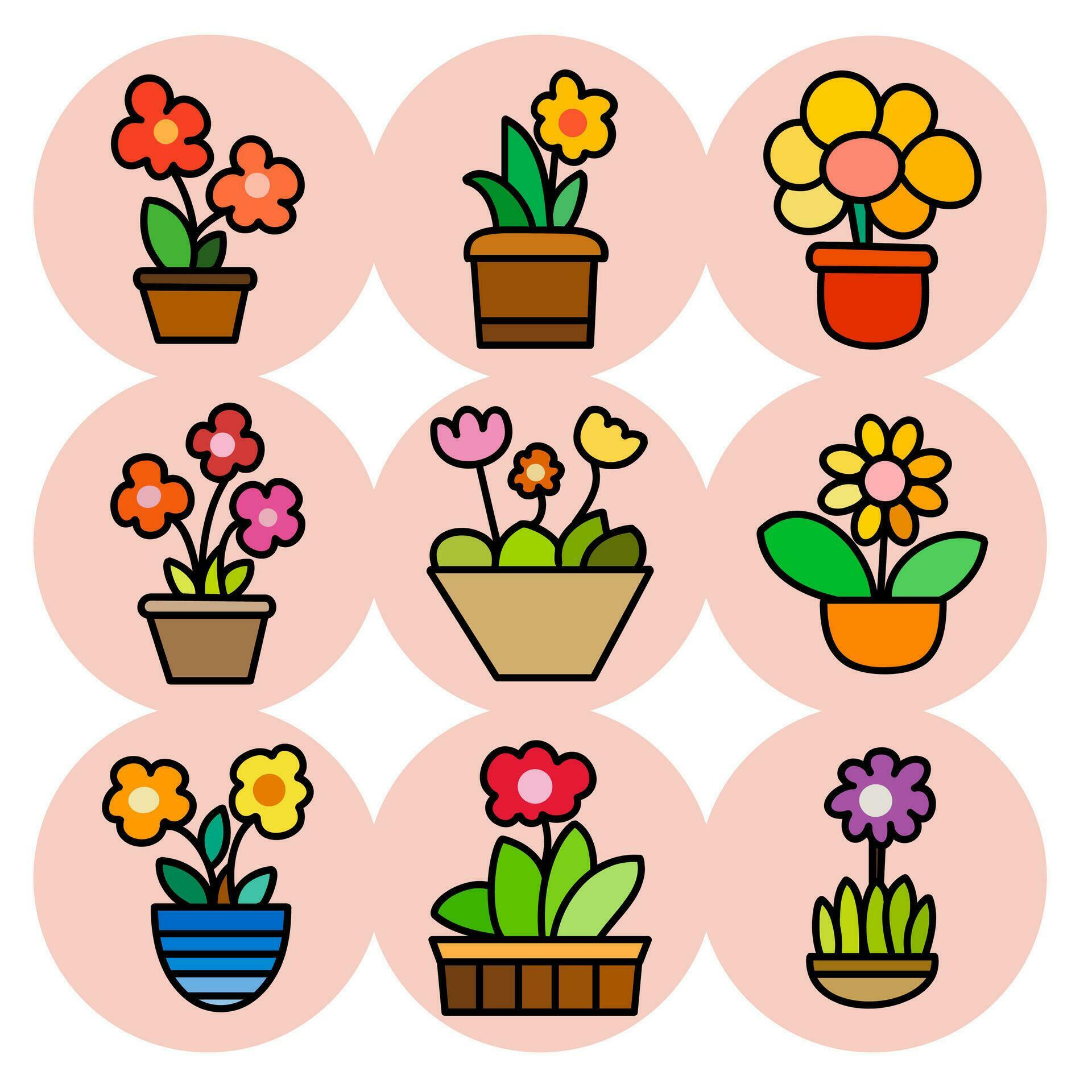 CollectIon of flower in pot, flat design, flowerpot isolated, hand drawn, gardening elements, cartoon style, vector illustration. Stock Free and Free SVG