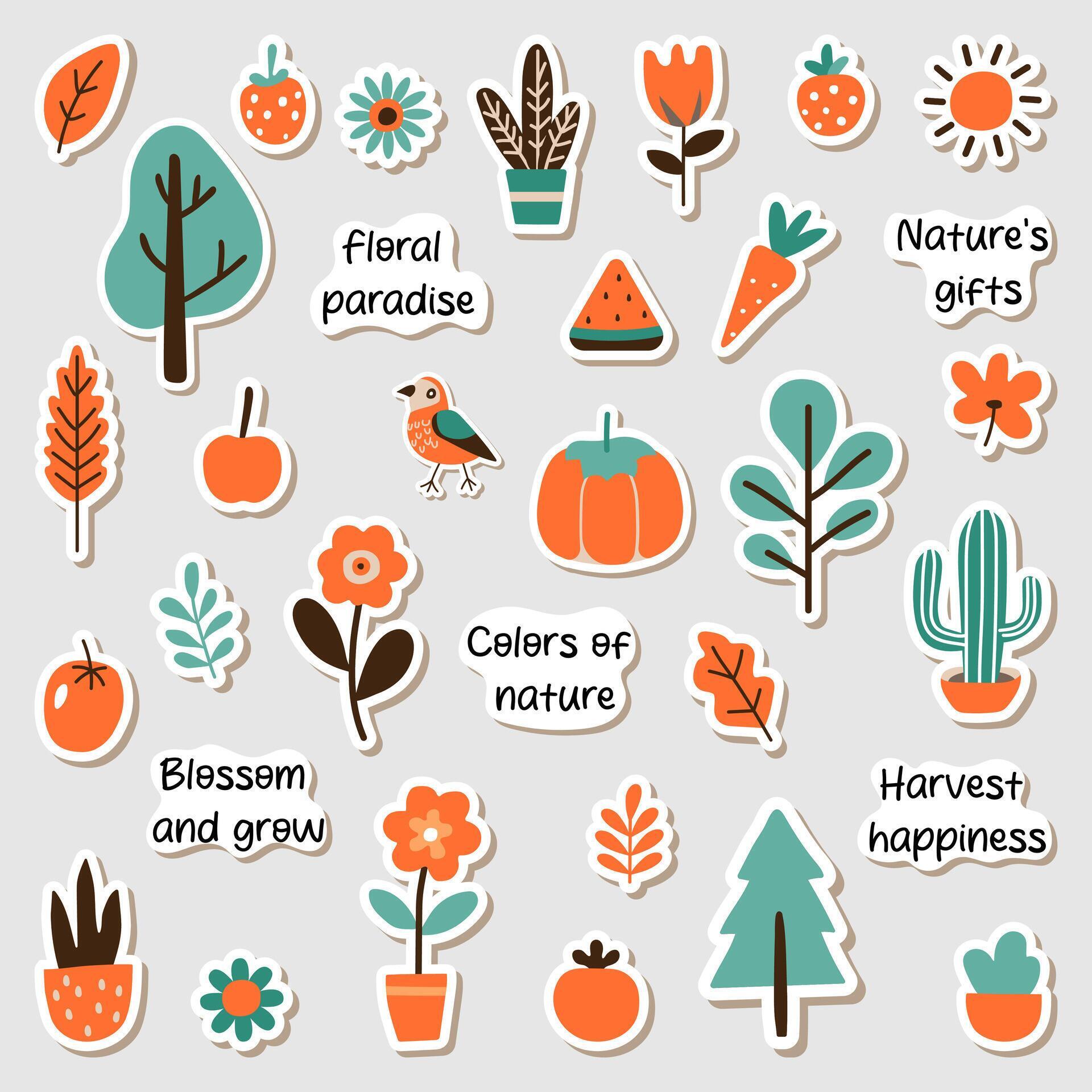 Nature sticker set. Plants, flowers, vegetables, leaves and lettering phrases. Cute floral clip art. Stock Free