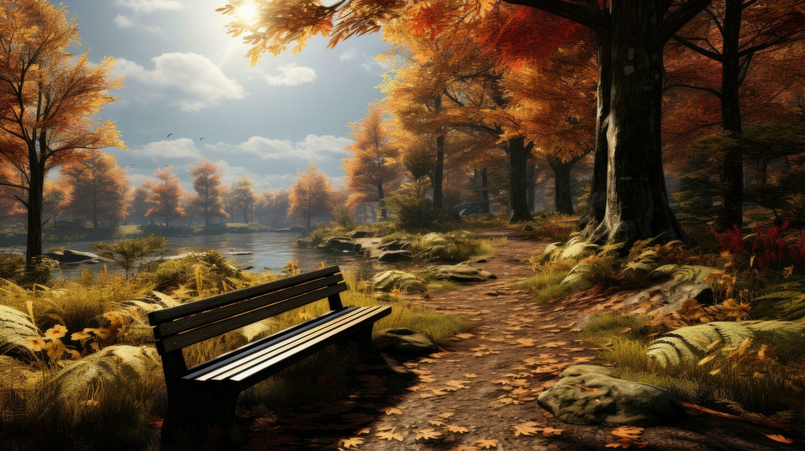 Wooden bench in the forest in the park in autumn Free Photo