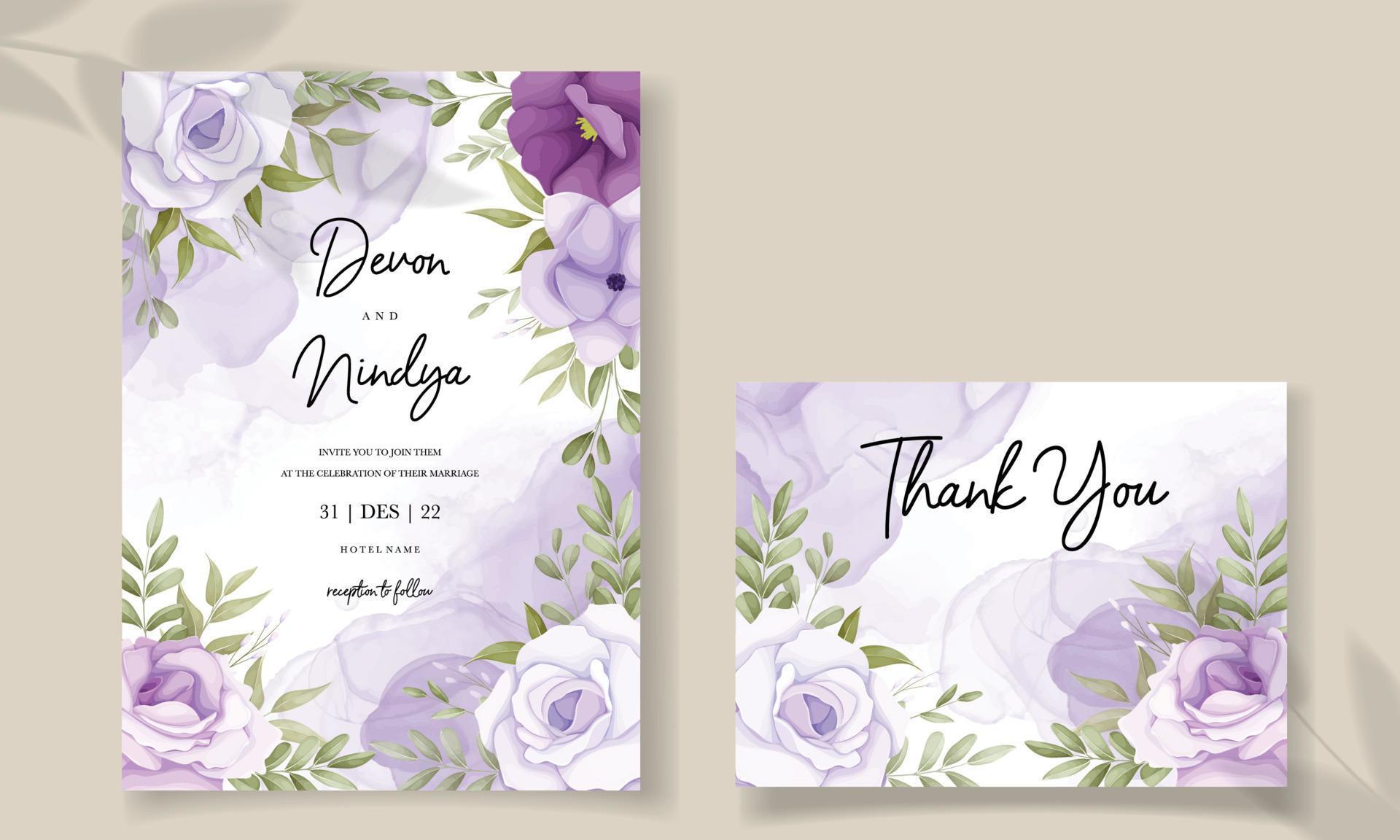 Elegant wedding invitation card with purple flower decoration Stock Free