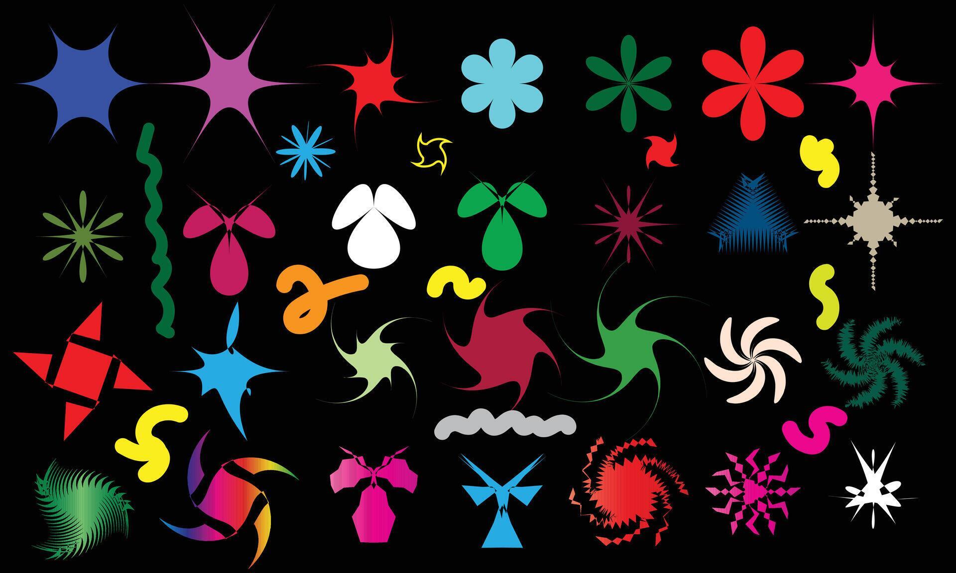 Abstract star and flower shapes sticker pack bubble, star, loop waves cartoon style. Stock Free