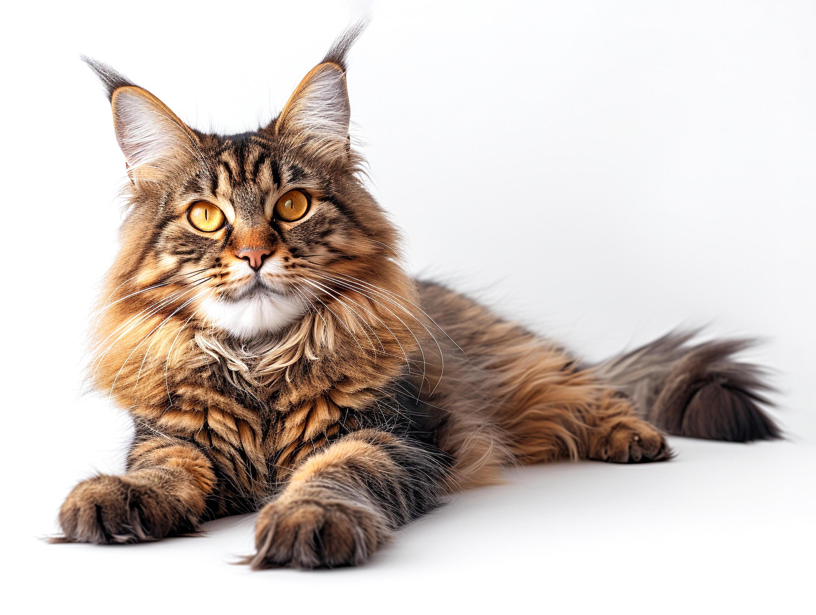 Portrait of a Maine Coon cat full body against a white background. Stock Free