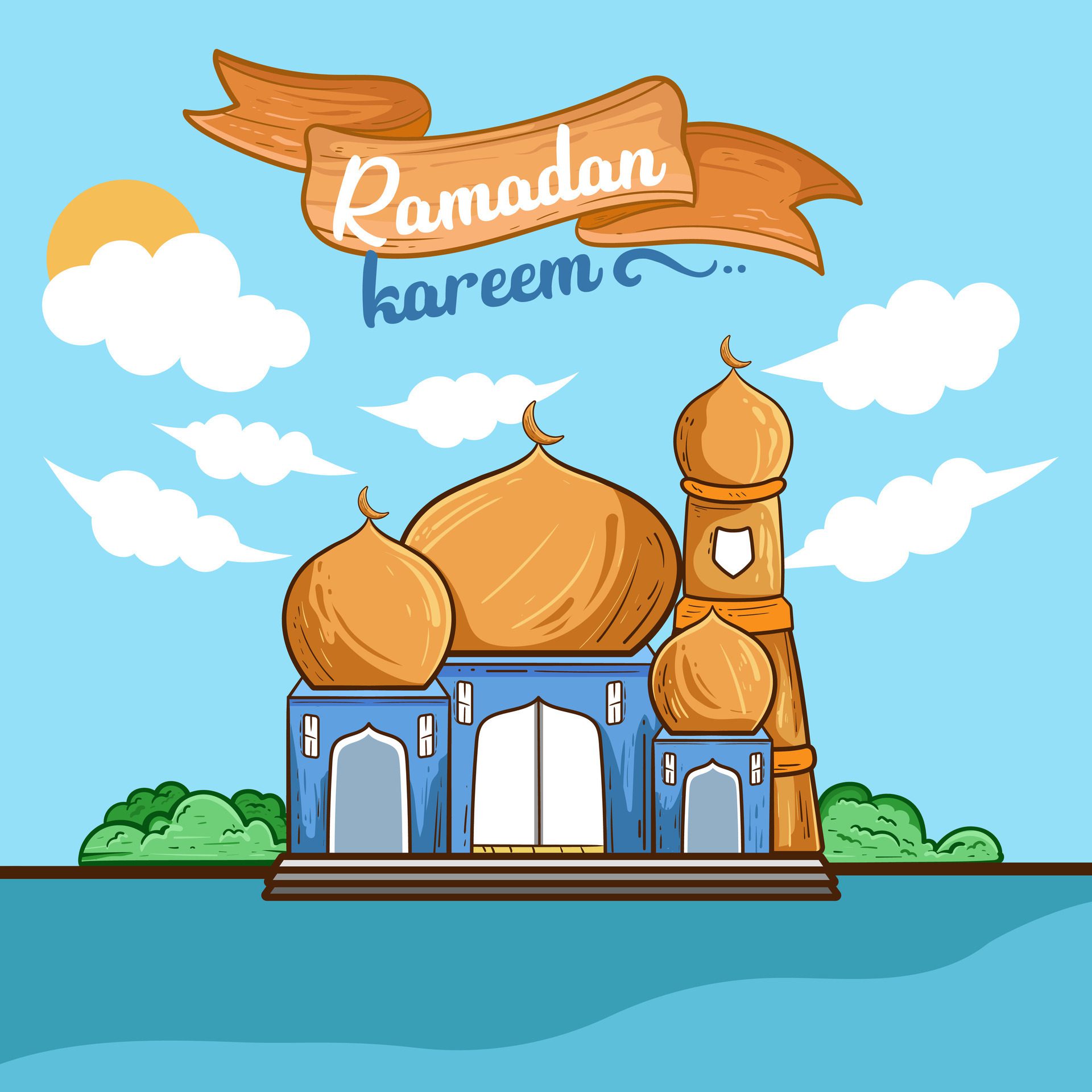 Mosque greeting Happy Ramadan and Eid kareem celebration banner vector illustration. Free Vector