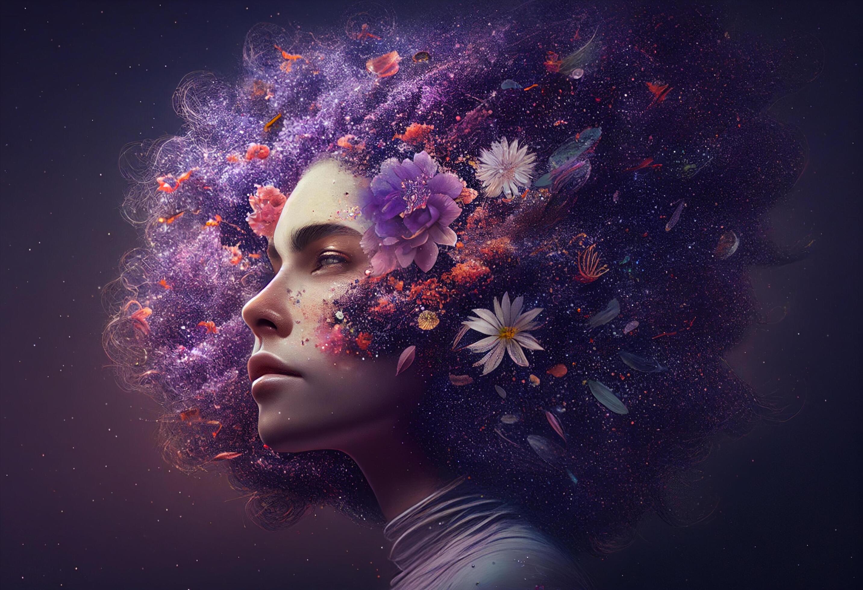 Portrait of beautiful young woman with flowers in her hair on dark background Stock Free