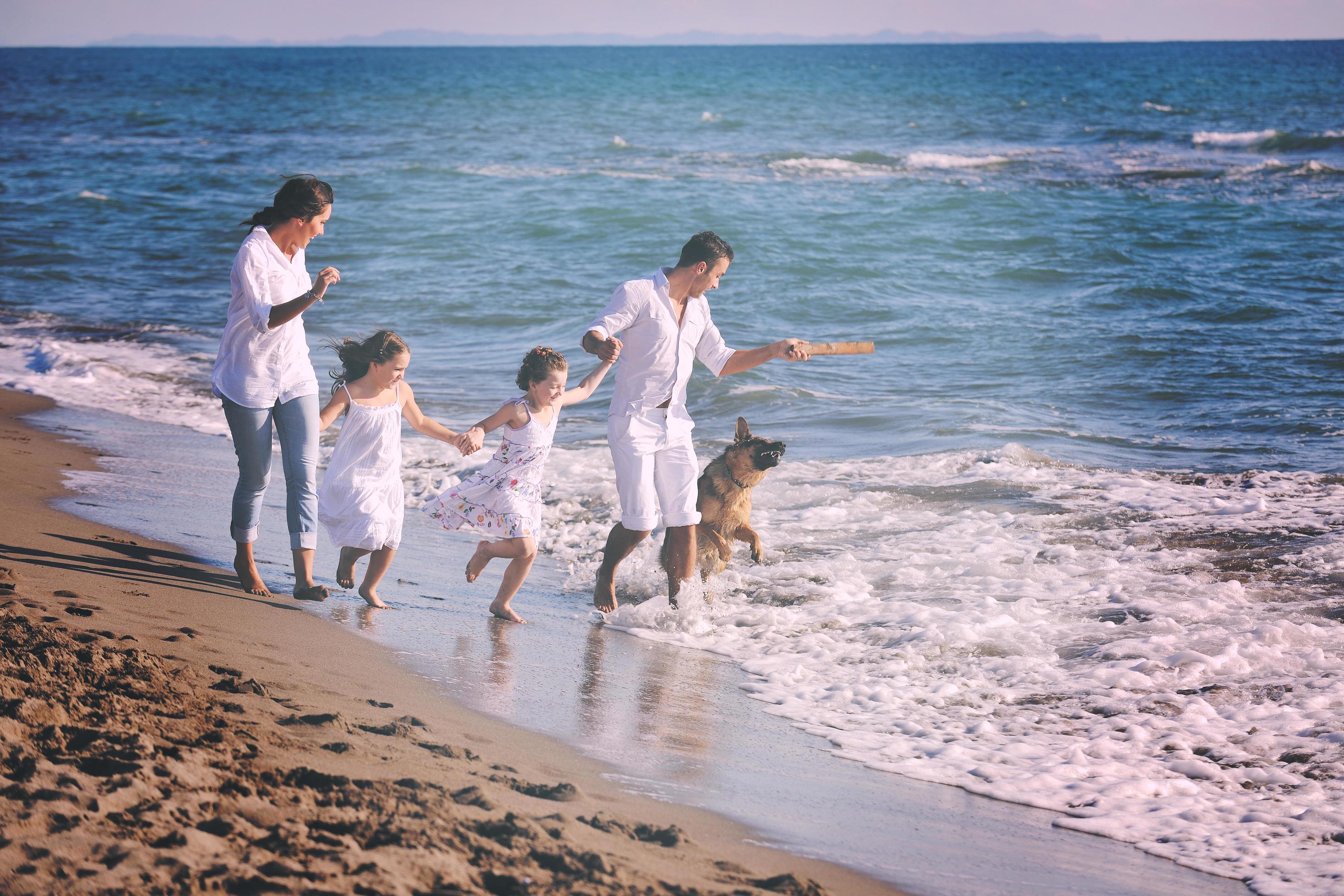 happy family playing with dog on beach Stock Free