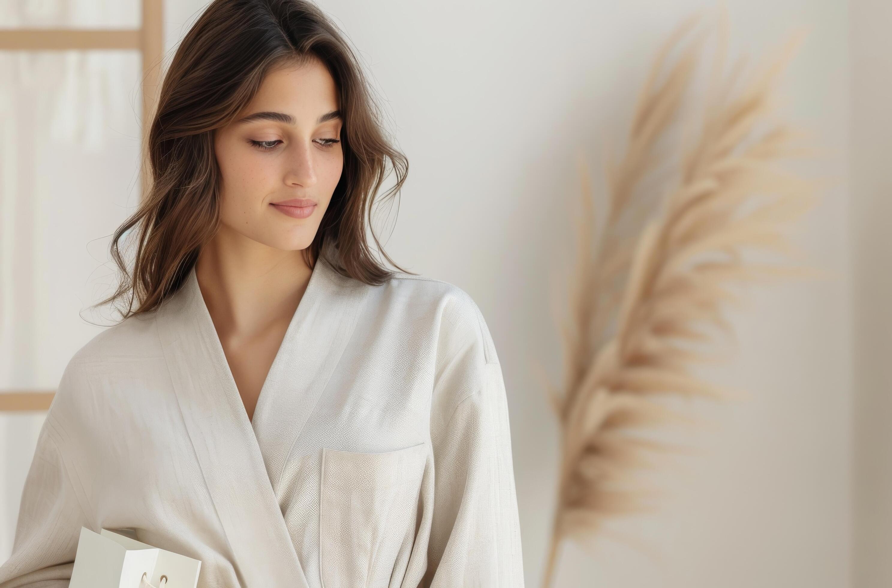 Woman Wearing White Robe In Front of Neutral Background Stock Free