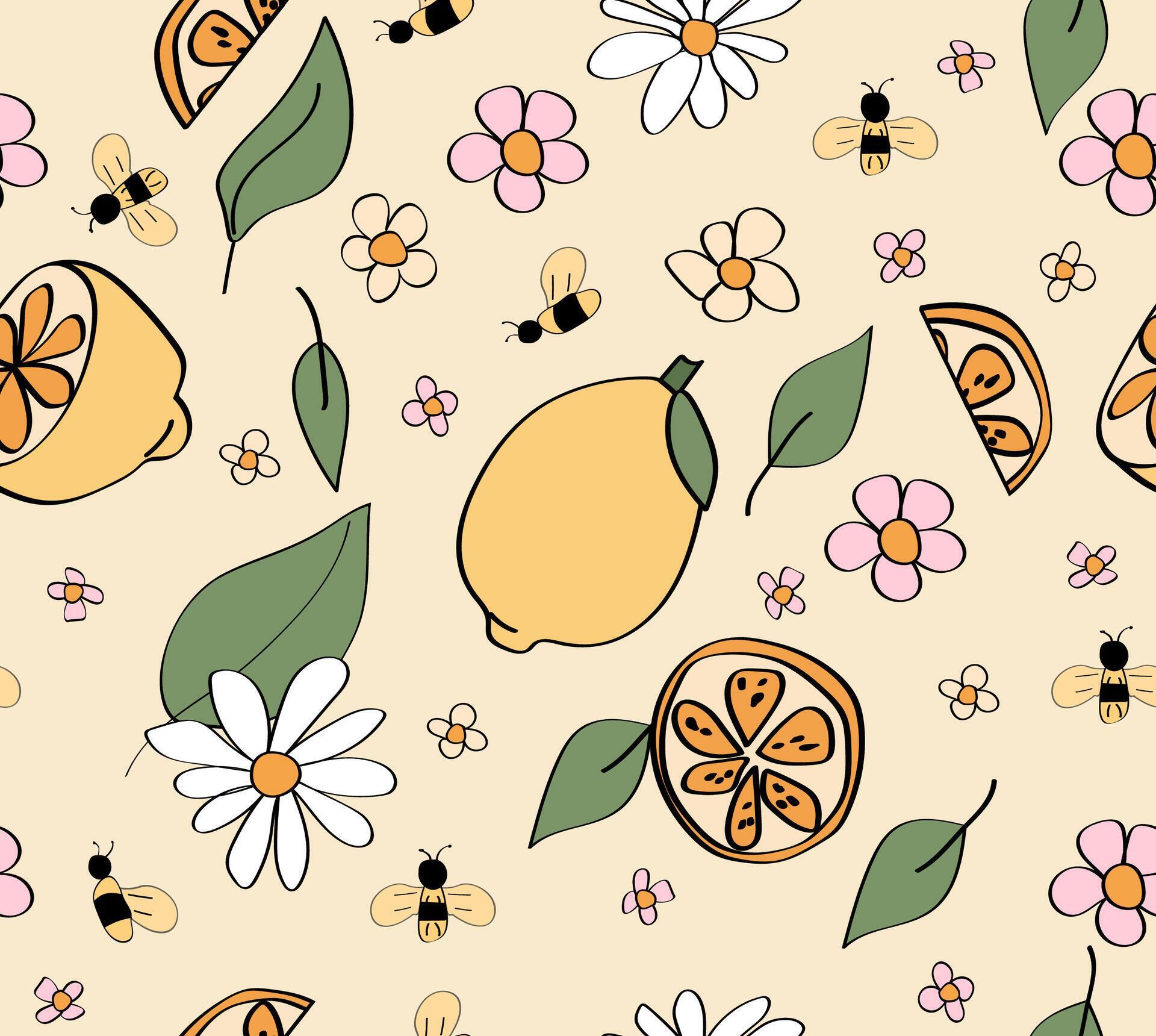 Spring lemon seamless pattern with flowers, leaves and bees. Stock Free