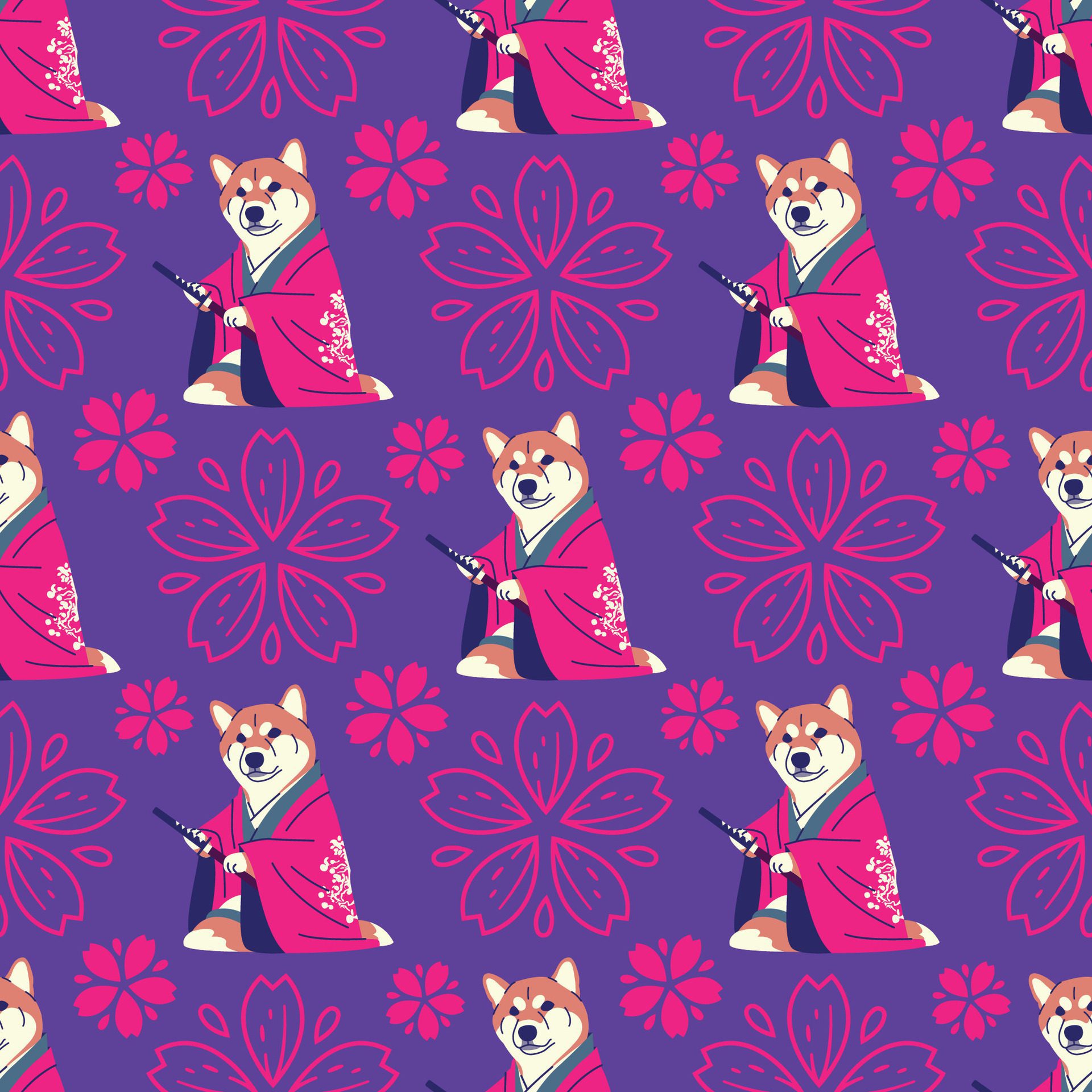 SHIBA DOG IS WEARING YUKATA WITH SAKURA FLOWER SEAMLESS PATTERN Free Vector