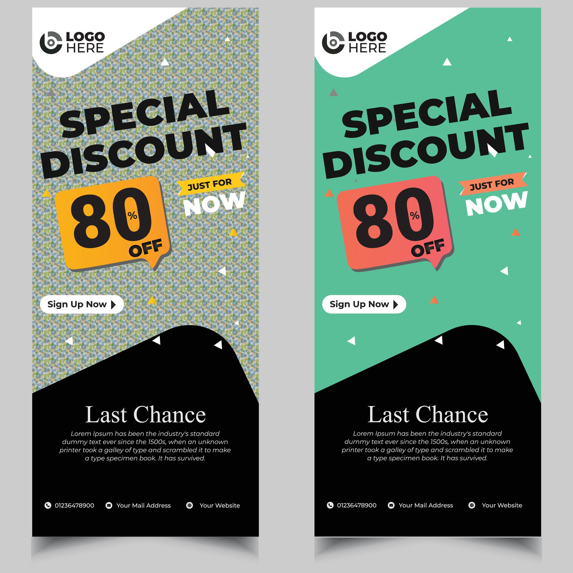 Discount roll-up banner template design Set of modern vertical banner template design. Brochure flyer design. Free Vector