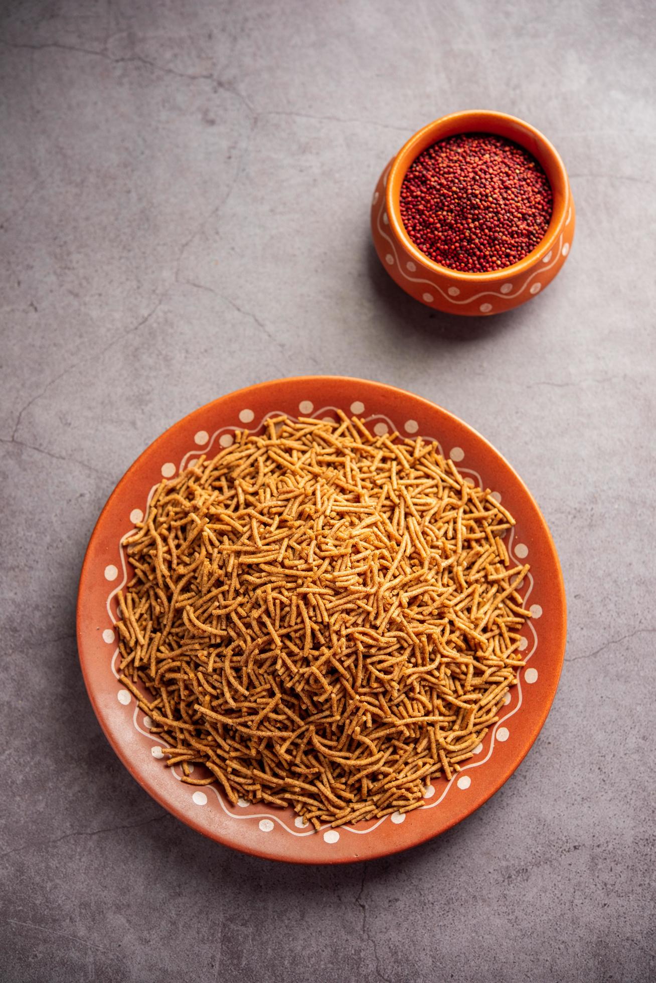 Nachni or Ragi Sev is a delicious crispy noodle made from finger millets, healthy Indian food Stock Free