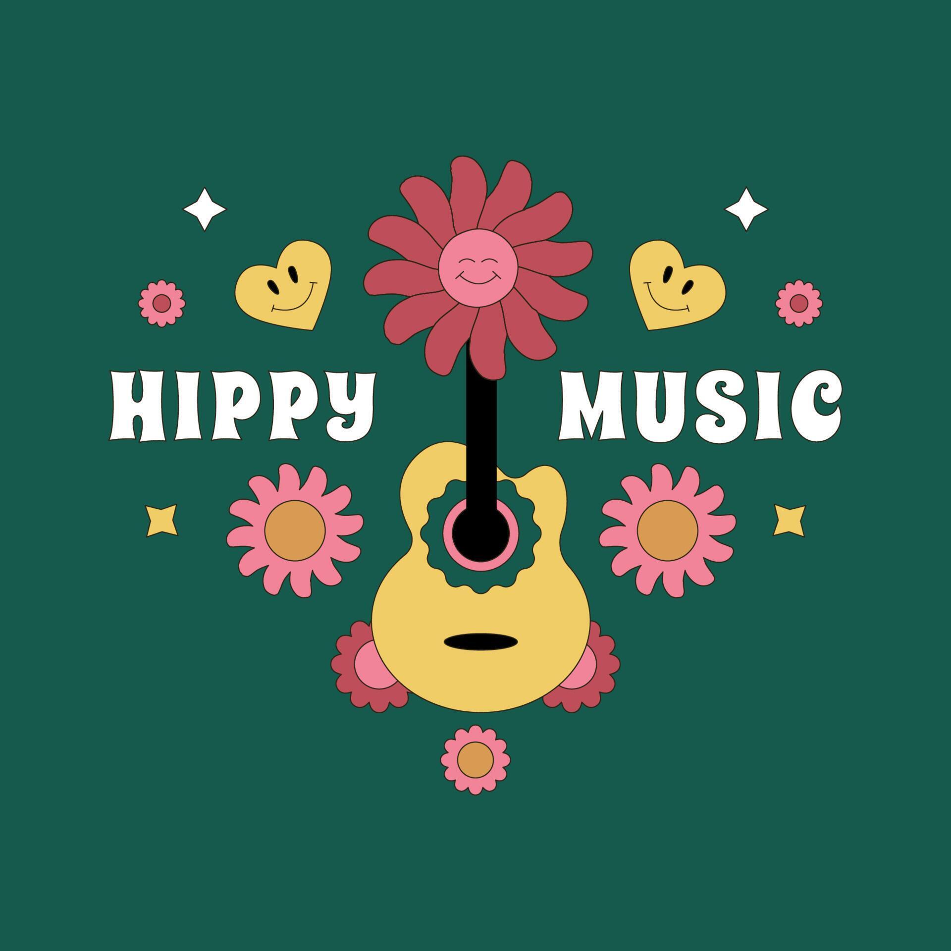 Bright print with acoustic guitar, flowers and hearts and the inscription Hippy music. A design element for a psychedelic, nosyalgic festival. Stock Free