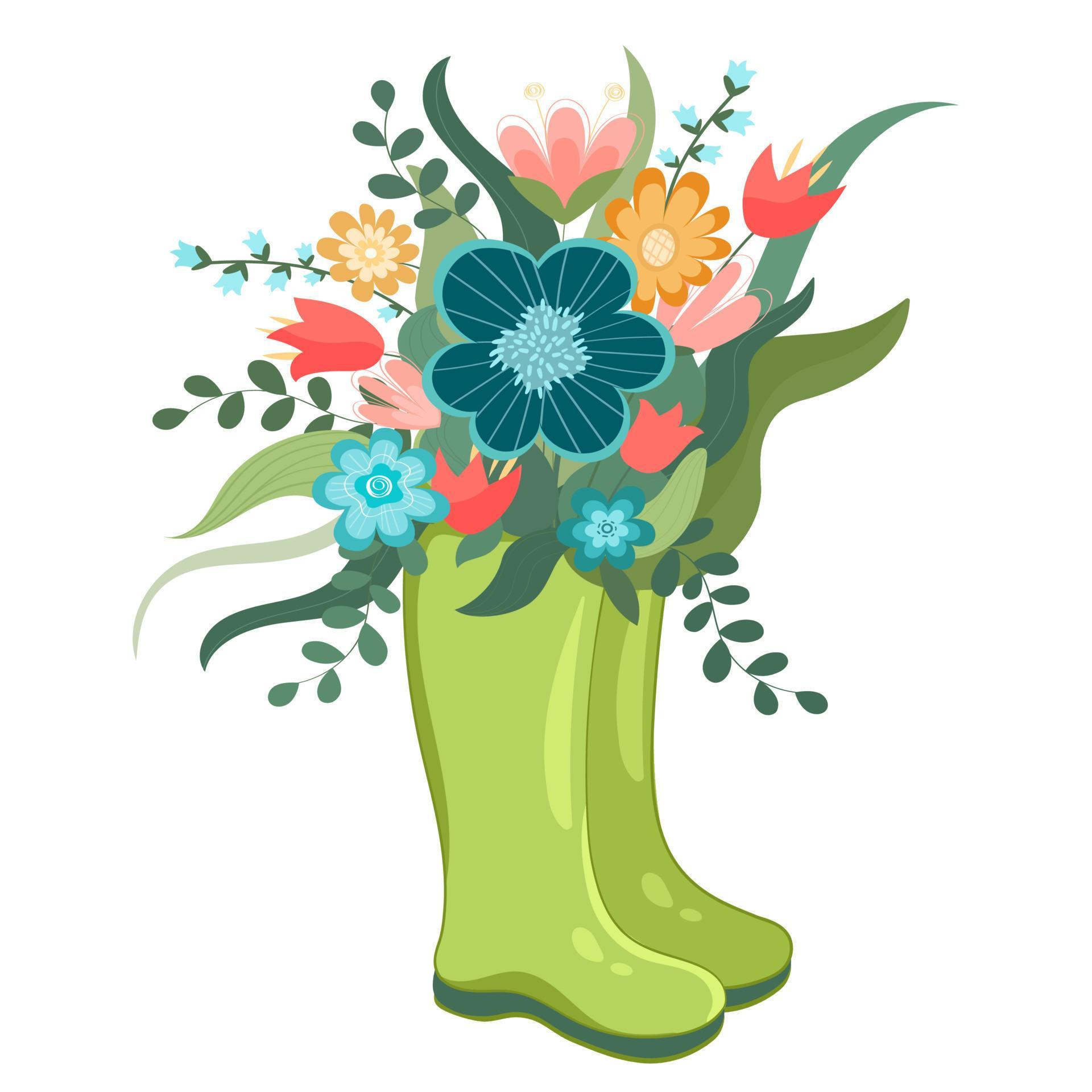 Vector illustration spring wellies boots with blooming bouquet spring flowers, cotton. Spring symbol flat style. Stock Free