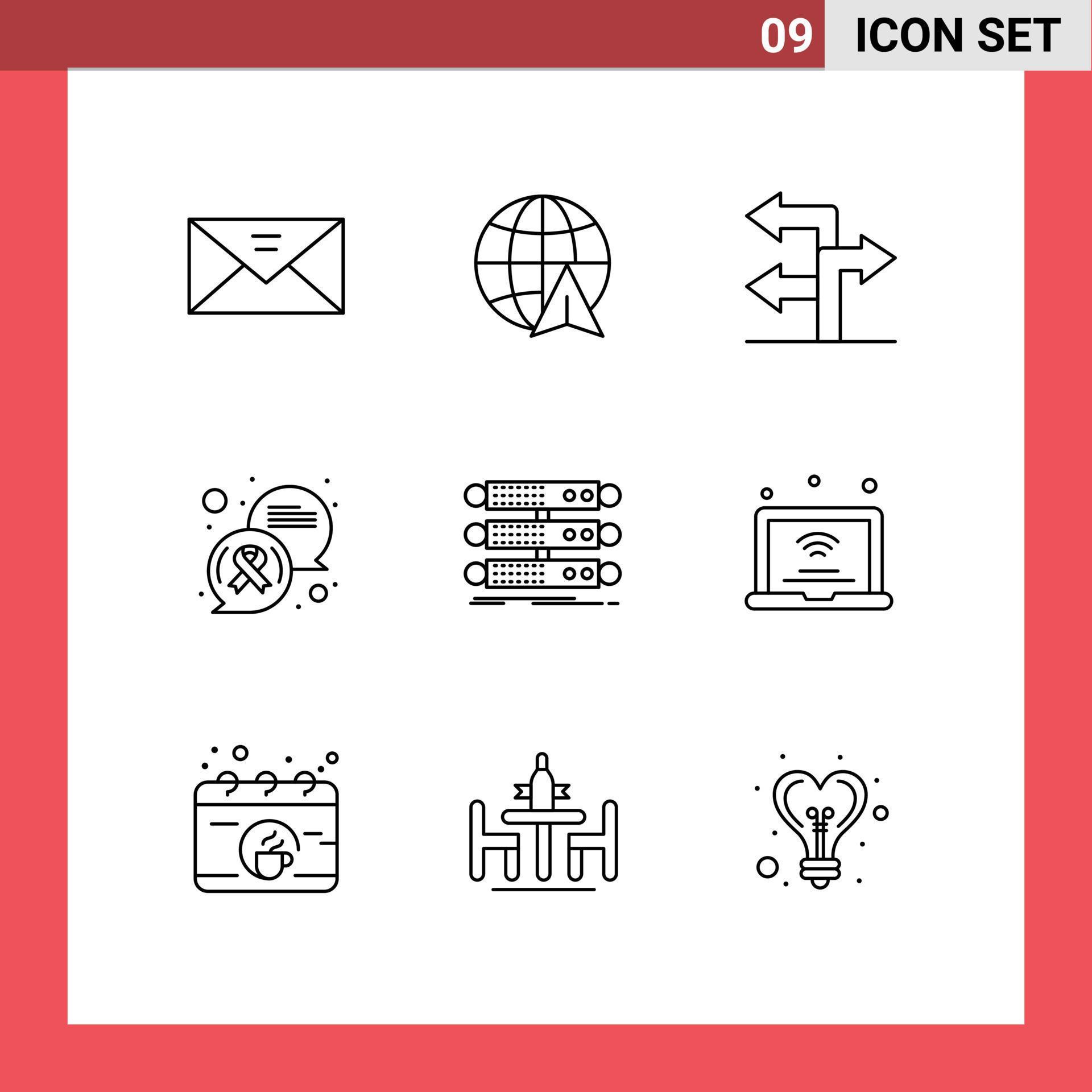 Modern Set of 9 Outlines Pictograph of rack server arrow cancer sign communication Editable Vector Design Elements Stock Free