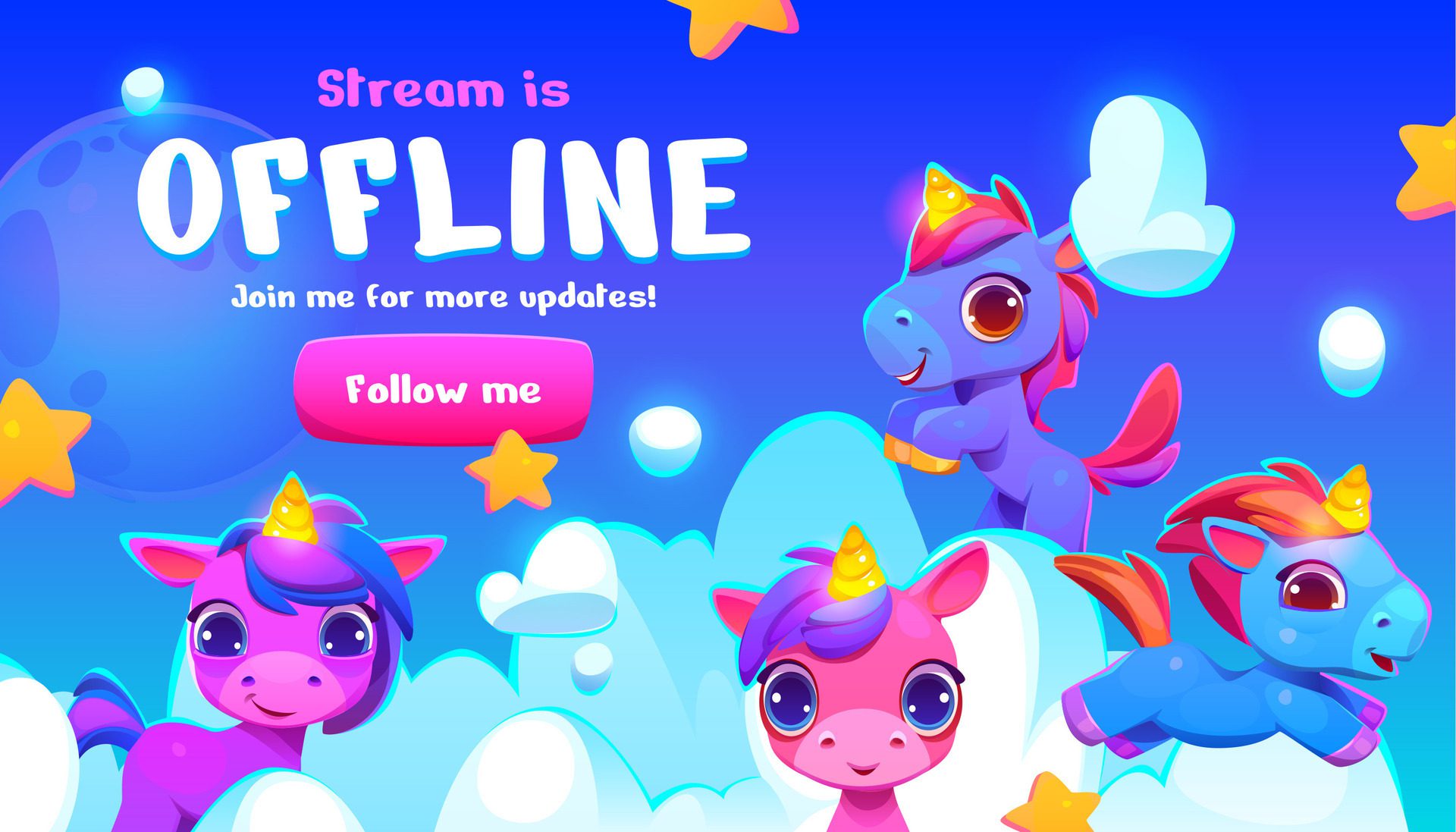 Cartoon offline stream banner with cute unicorns Free Vector