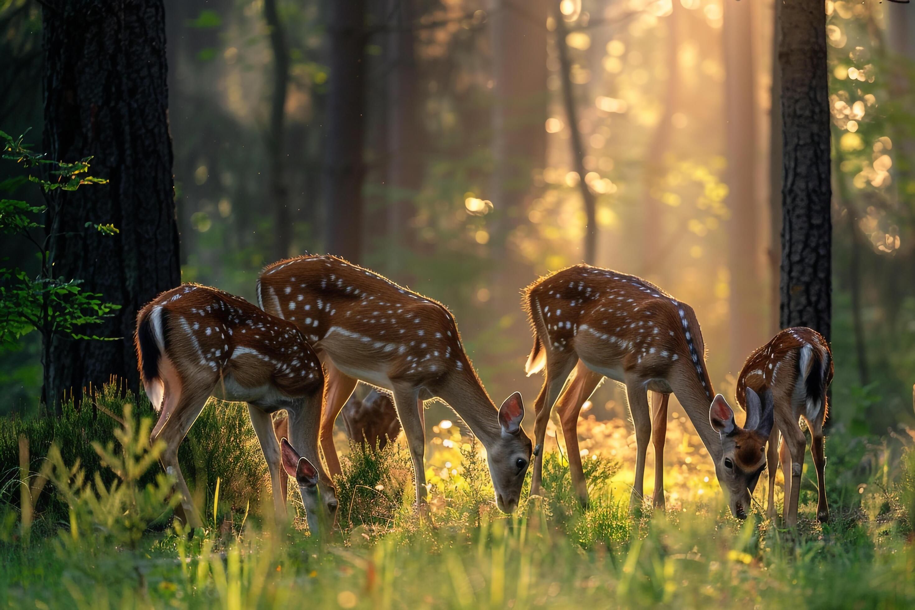 family of deer grazing in a forest clearing at dawn nature background Stock Free