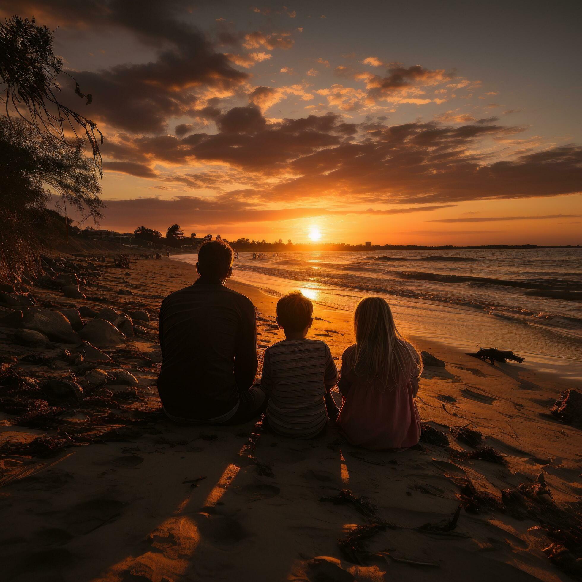 Loving family cuddling and watching the sunset on the beach Stock Free