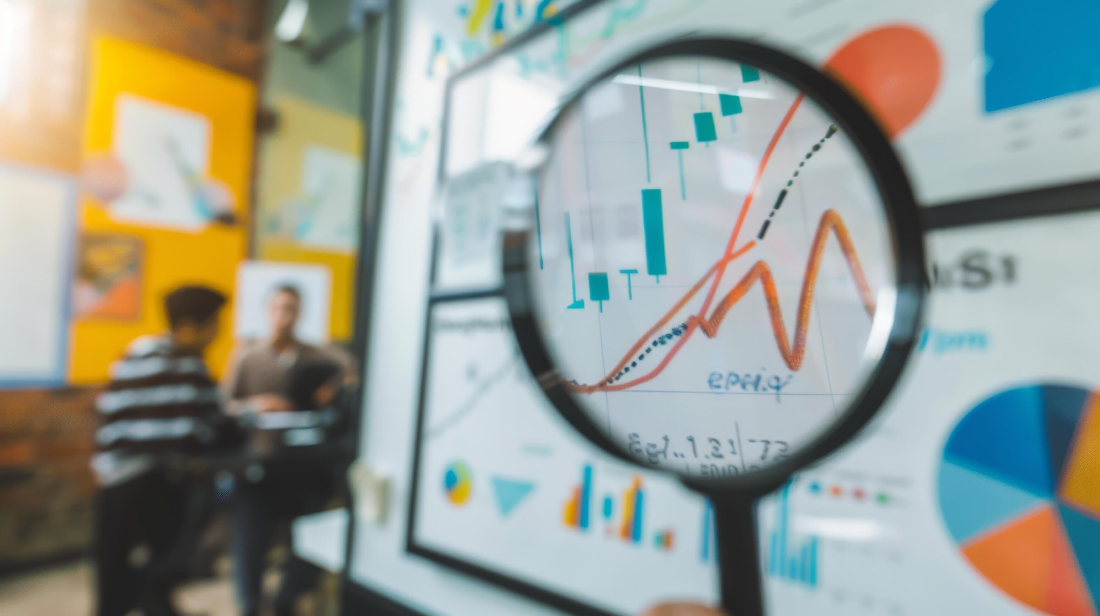 Close-Up of Magnifying Glass Focused on Stock Market Indicators with Blurred Background Stock Free