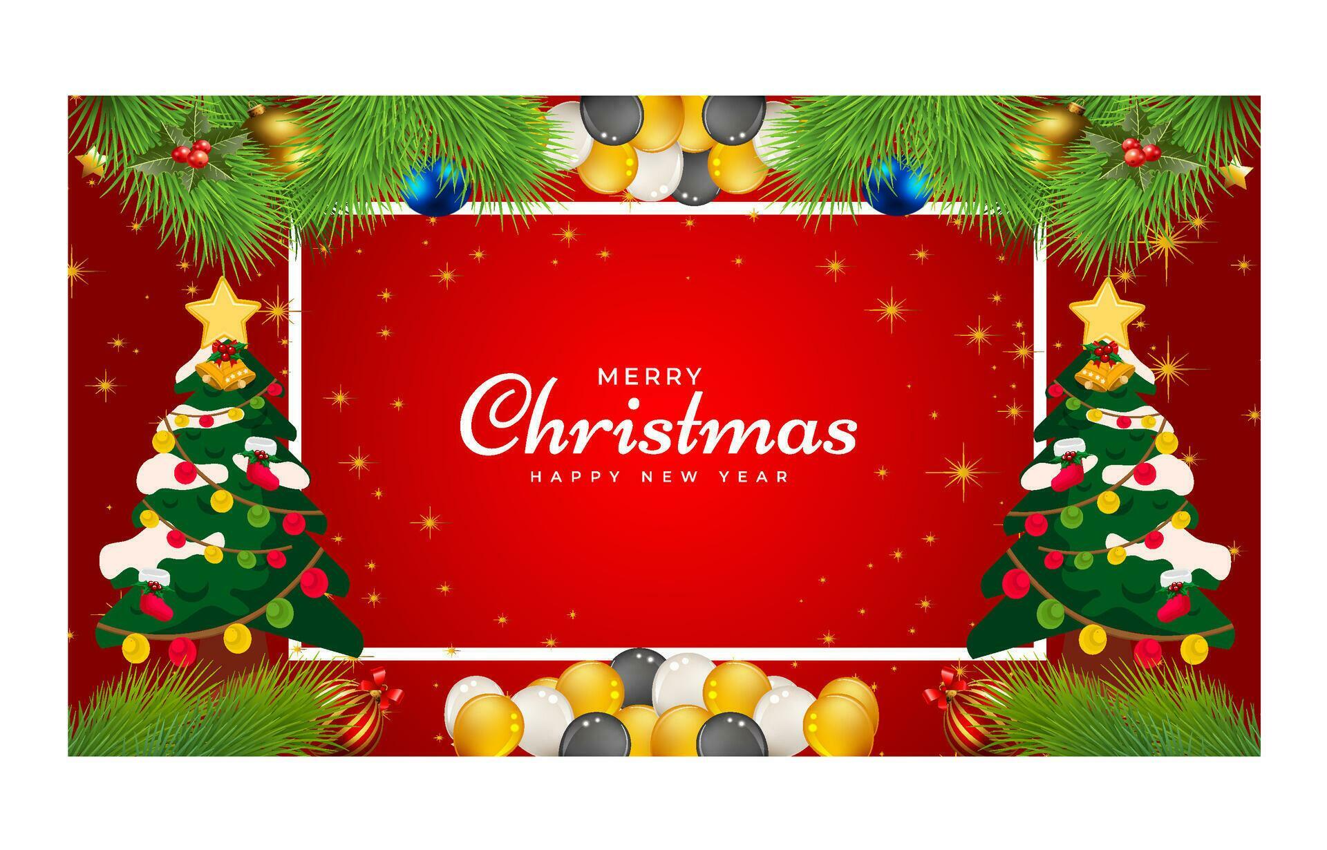 
									Merry Christmas and Happy New Year. Xmas background banner with Christmas flower, tree, star, balls and golden decoration design. Stock Free