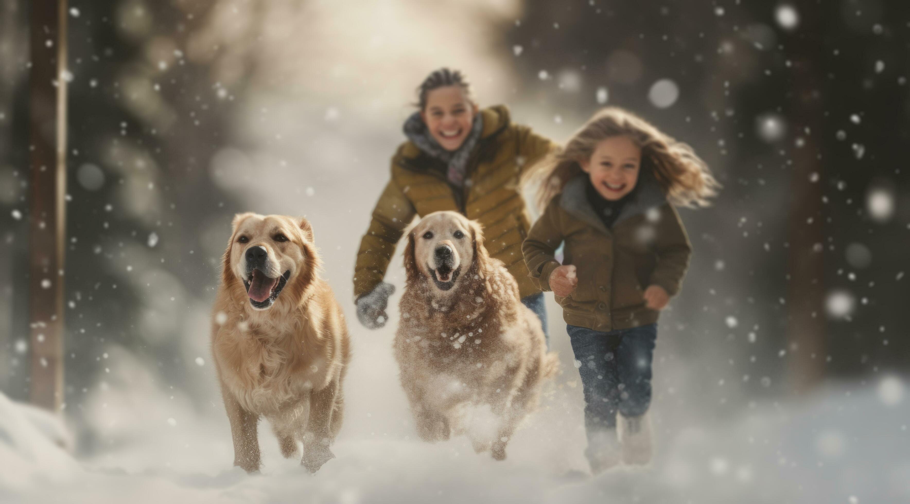 AI generated family and dogs running through the snow Stock Free