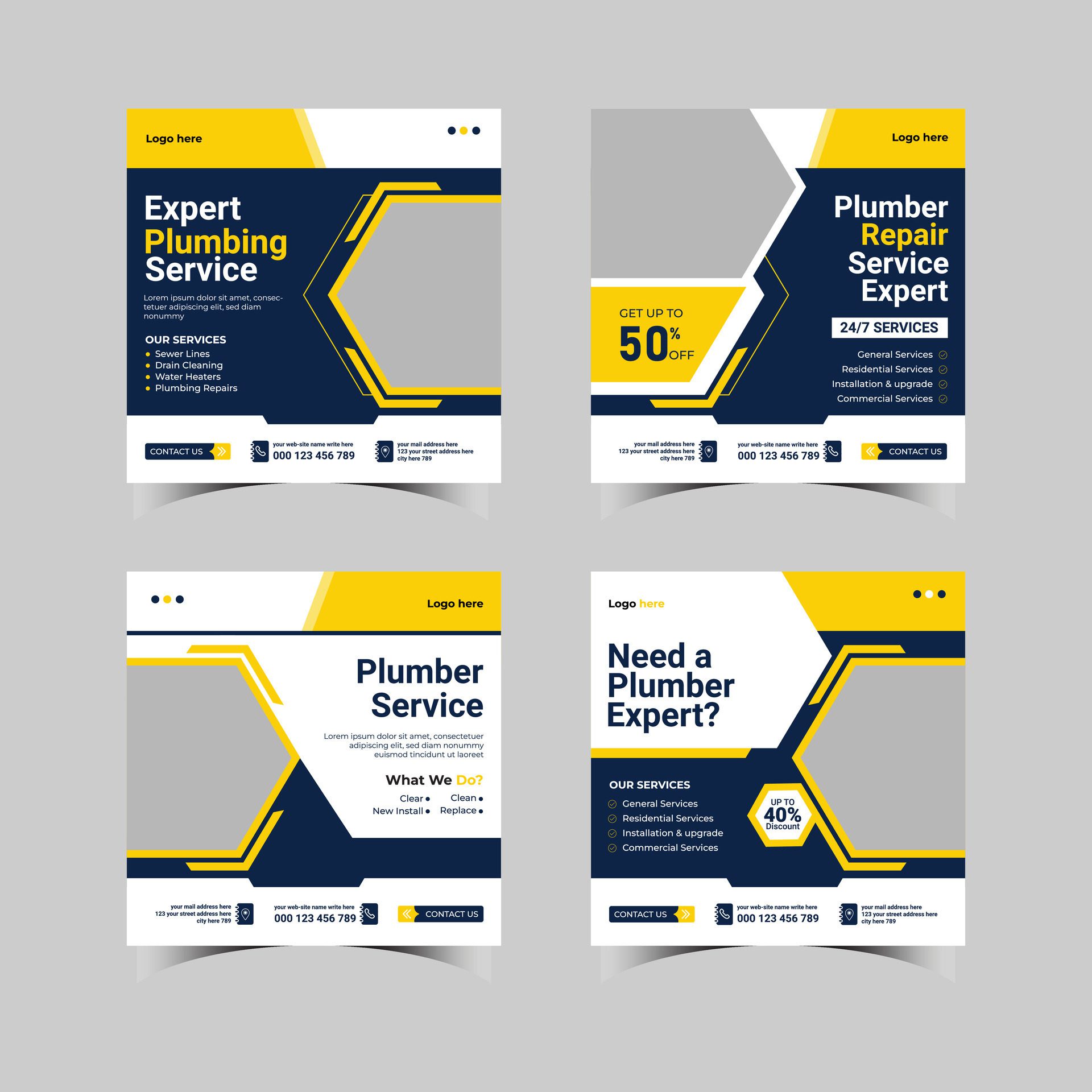 Vector plumbing service social media post template, Web banner template Free Vector