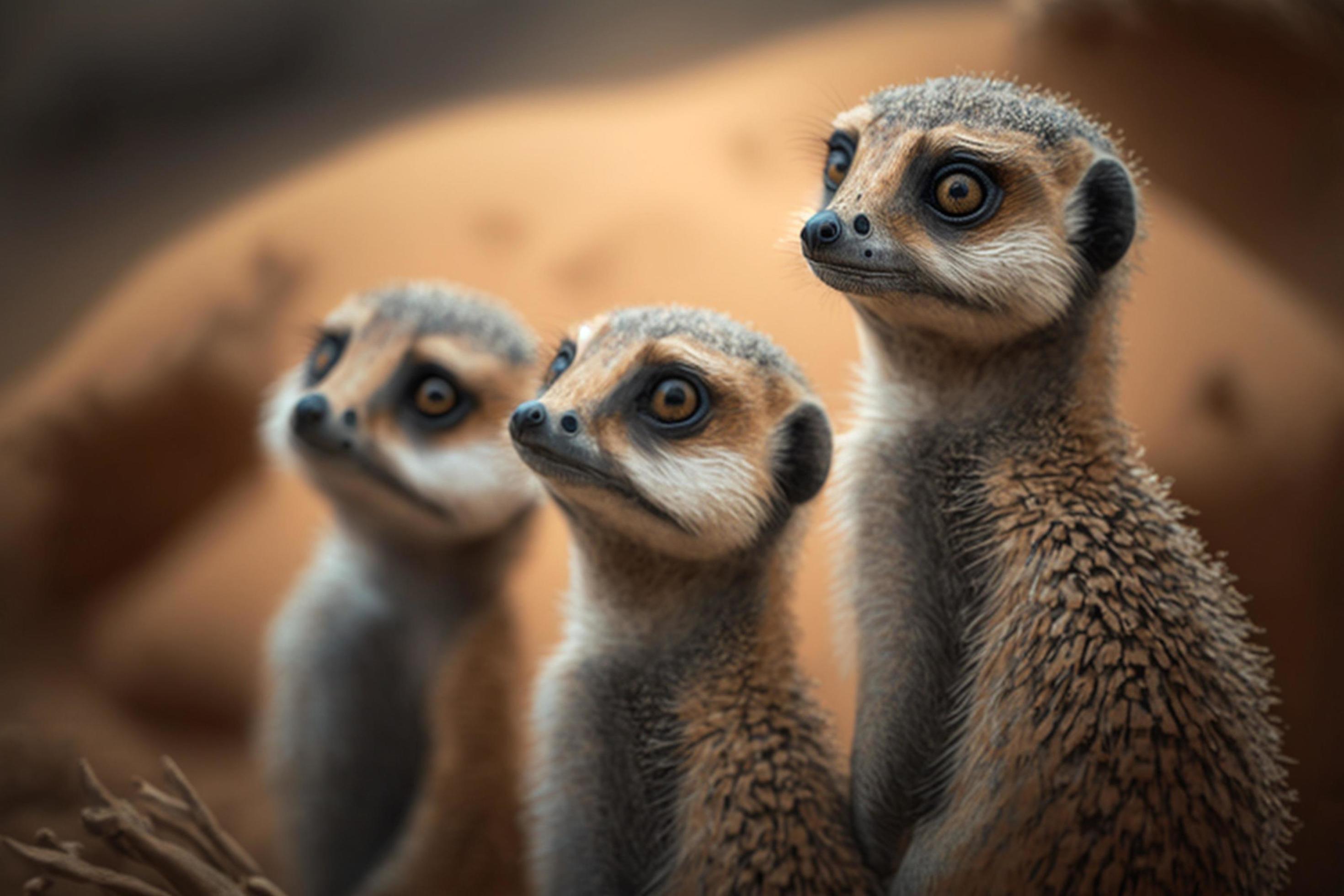 A family of meerkats standing upright and looking around Stock Free