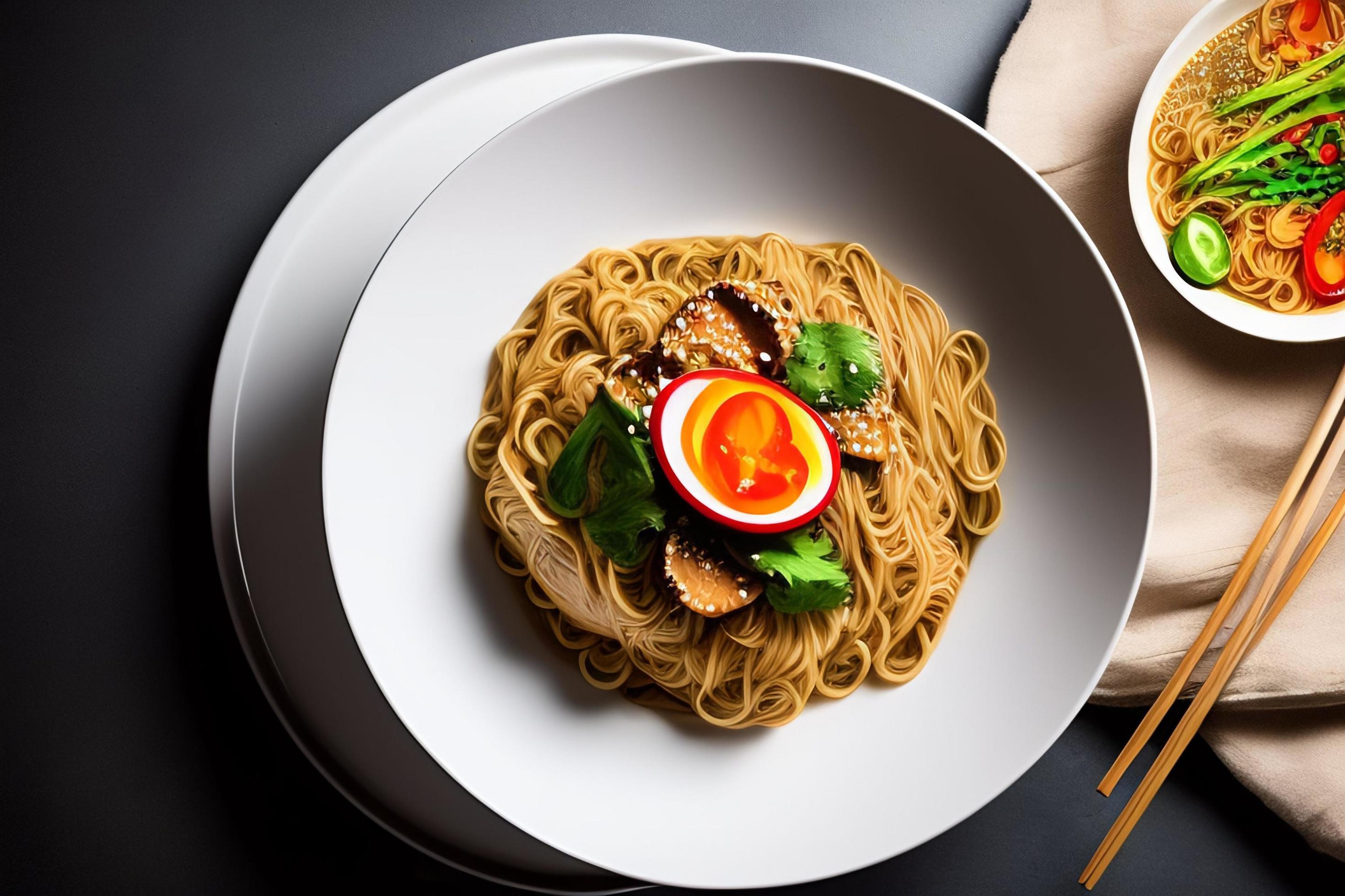 Delicious noodles. Fast food meal with appetizing pasta and chopsticks. Stock Free