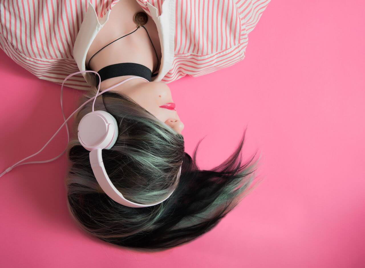 Woman Headphones Pink Background Stock Free