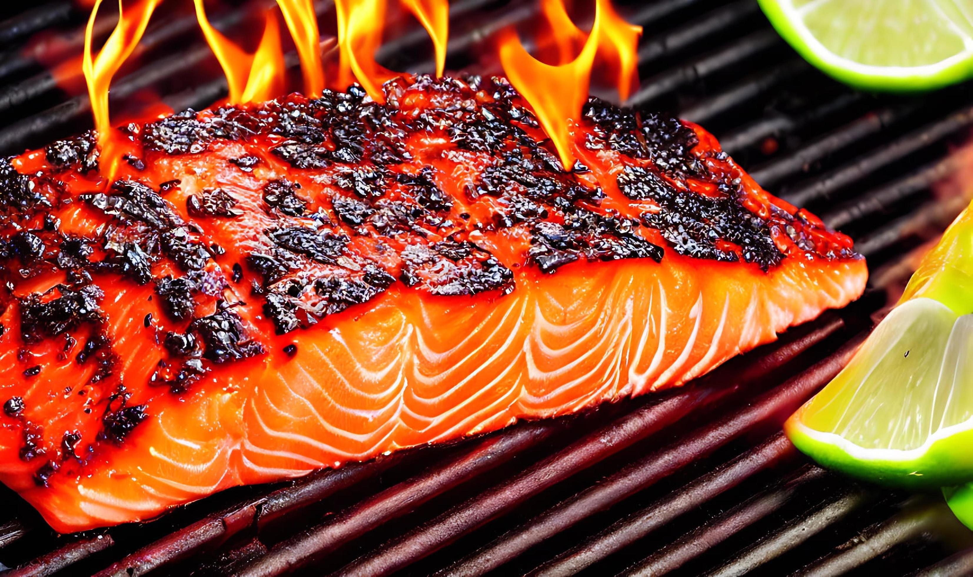 Grilled salmon. Healthy food baked salmon. Hot fish dish. Stock Free