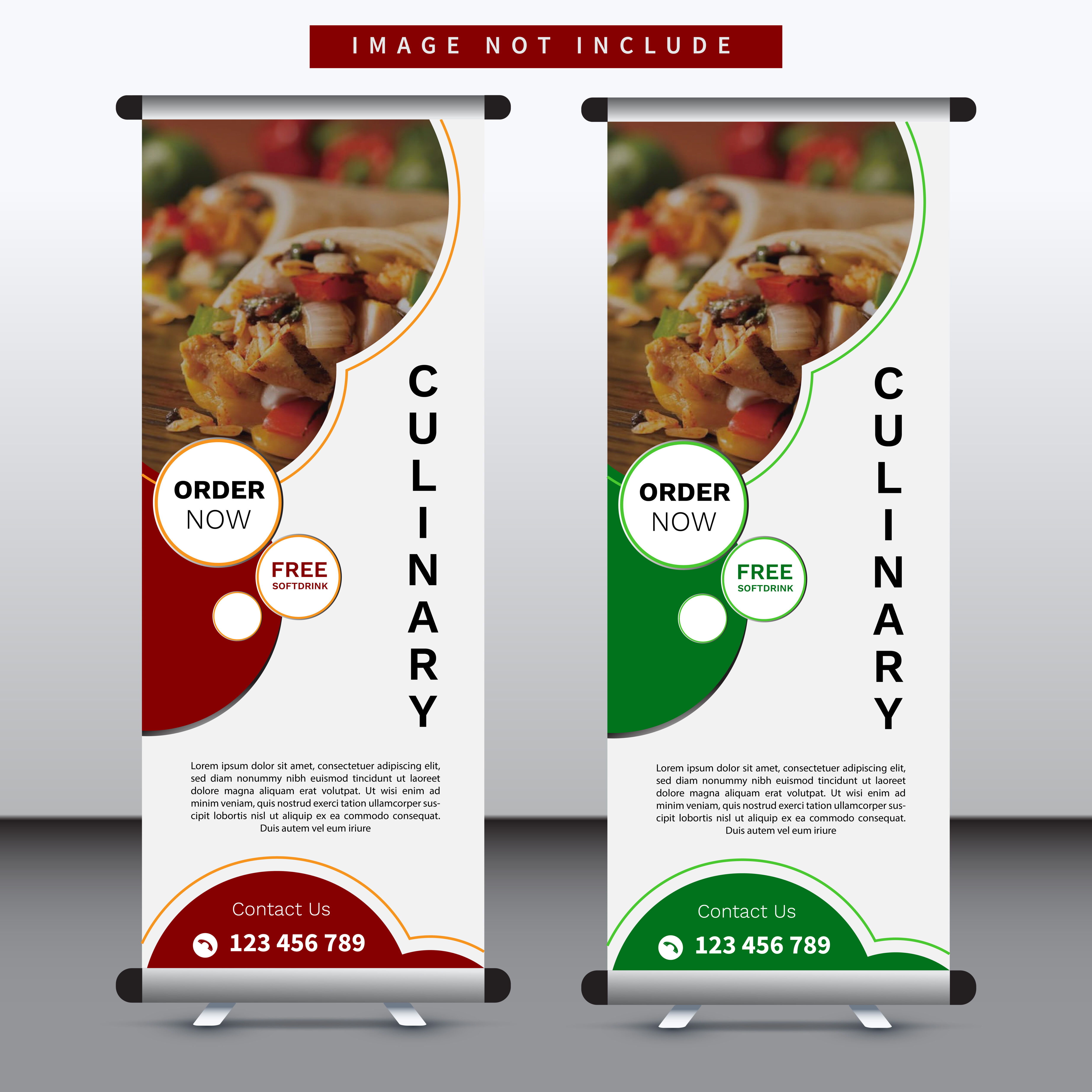 restaurant roll up banner design with green and red circular design Free Vector