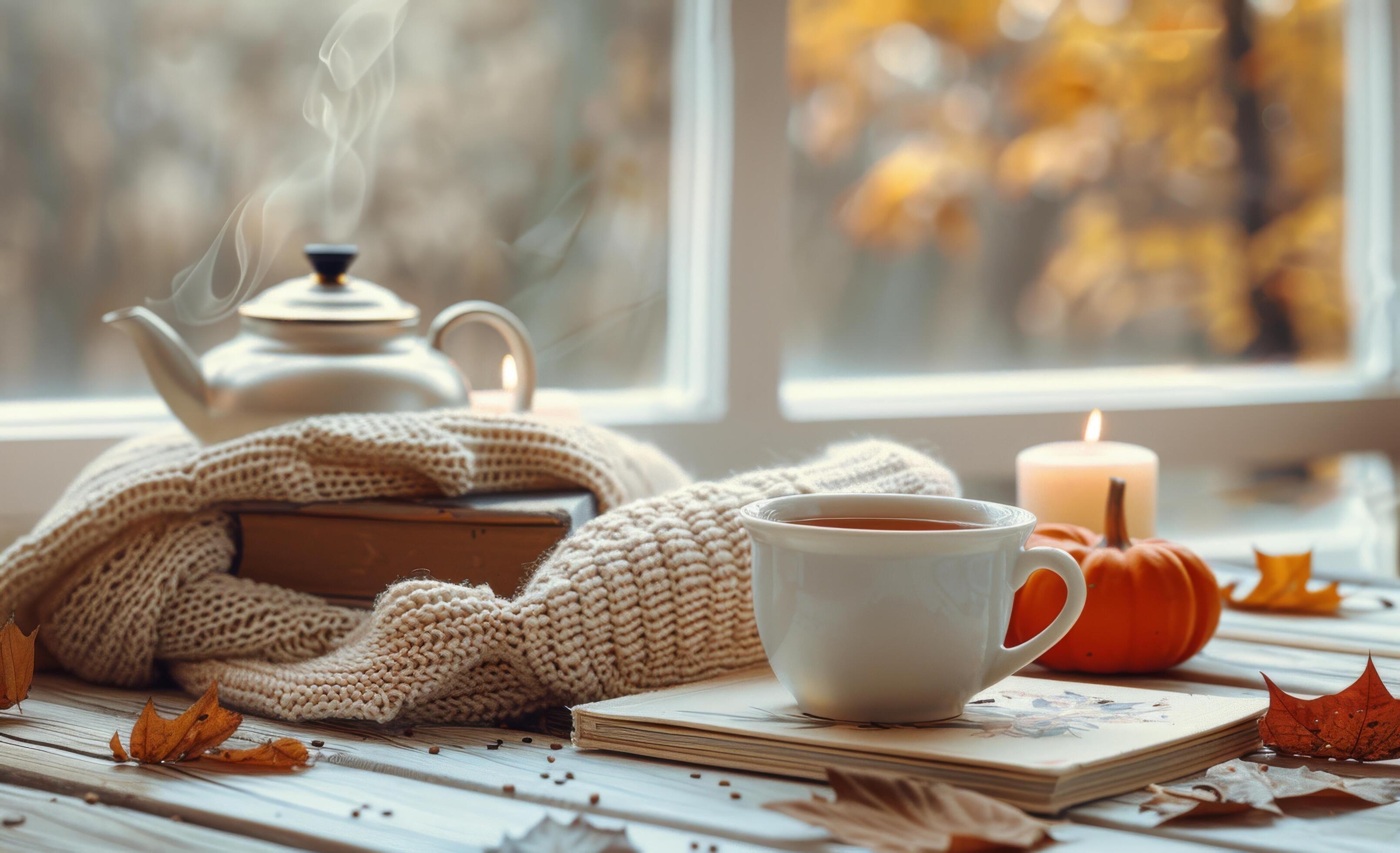 A Cozy Autumn Day With Tea, a Book, and a Pumpkin Stock Free