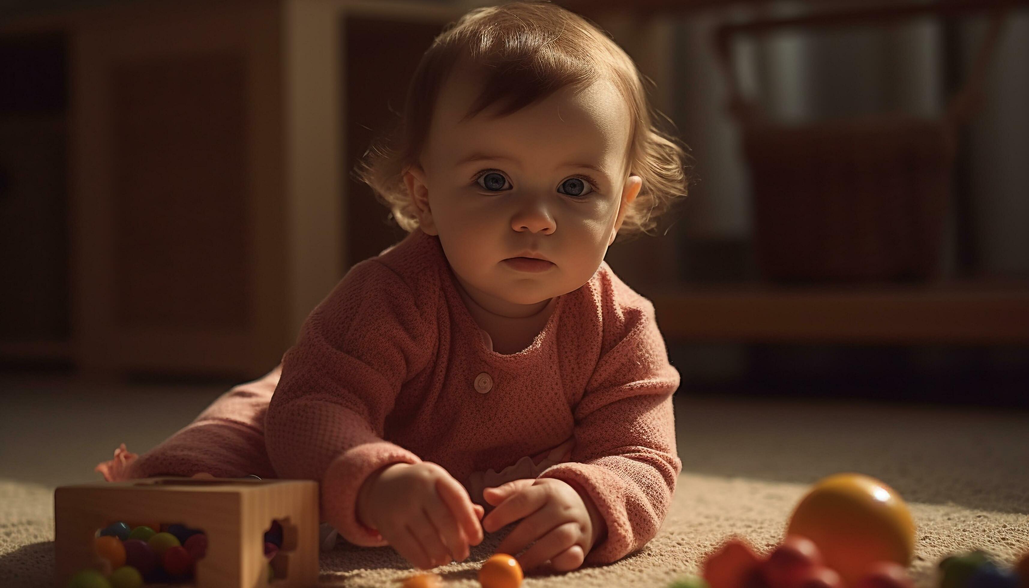 Cute baby playing with toy, indoors, surrounded by family happiness generated by AI Stock Free