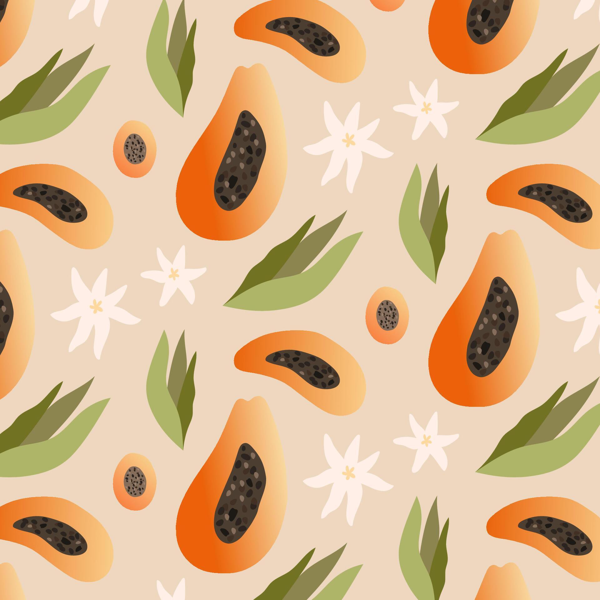 Tropical seamless pattern with colorful exotic half papaya fruit, leaves and flowers on background. Stock Free