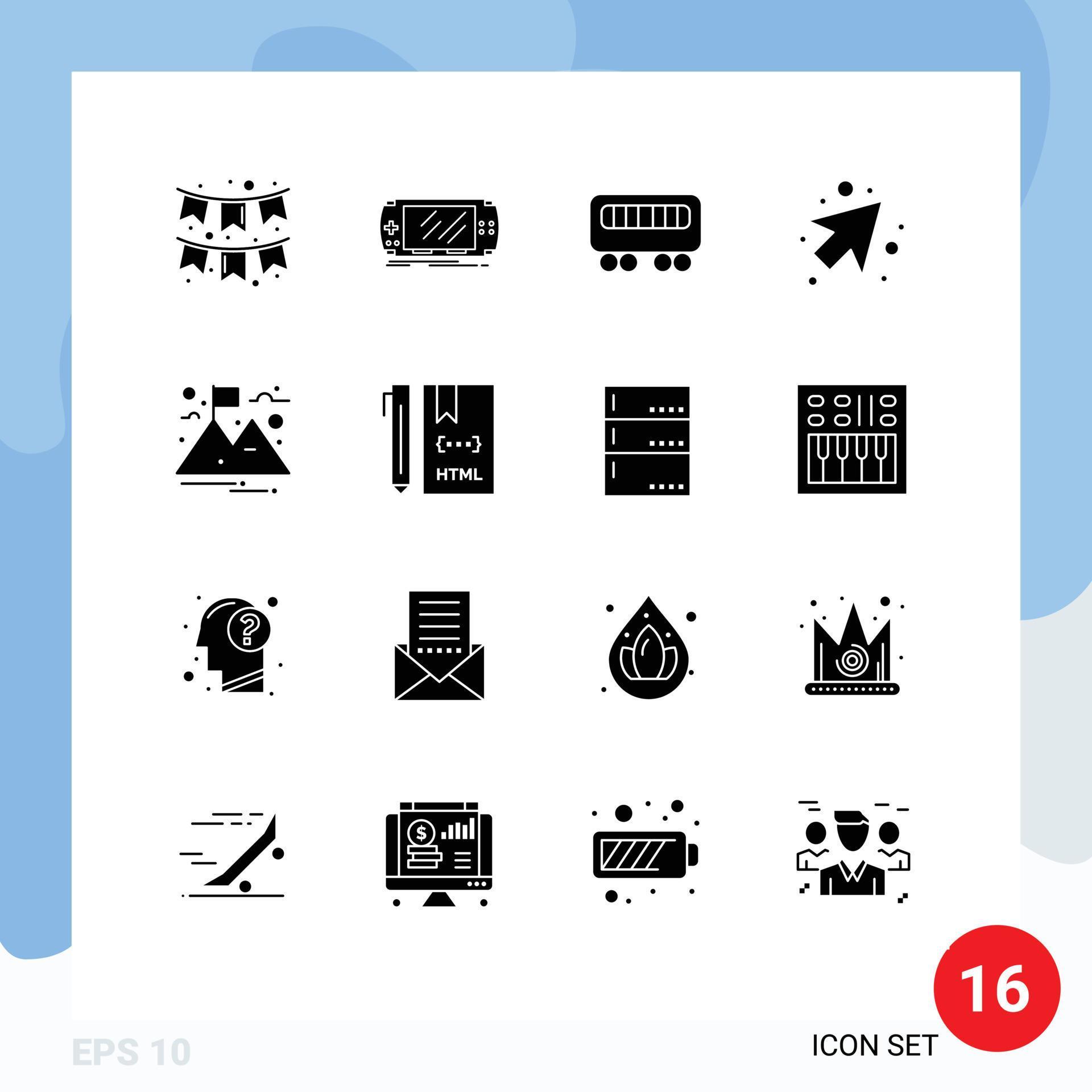 Pack of 16 creative Solid Glyphs of mountain goal psp right arrow Editable Vector Design Elements Stock Free