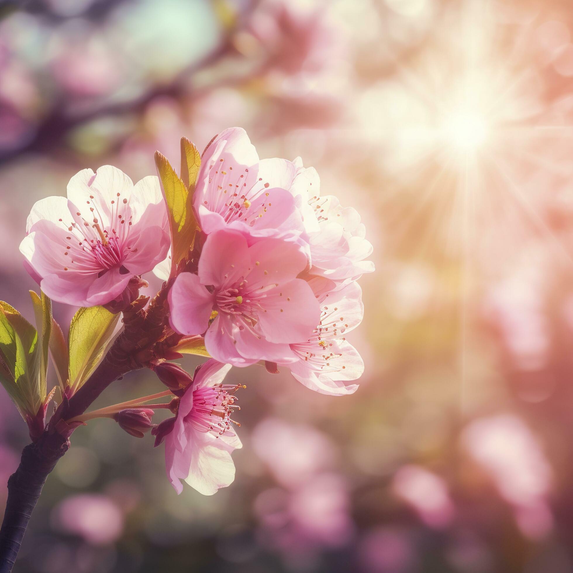 Spring border or background art with pink blossom. Beautiful nature scene with blooming tree and sun flare , generat ai Stock Free