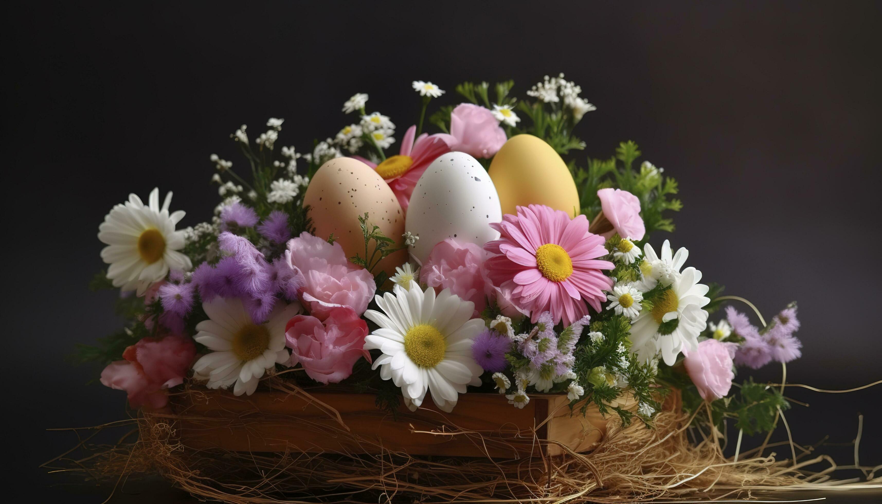 Easter Egg Decoration With Flower Bouquet, generate ai Stock Free