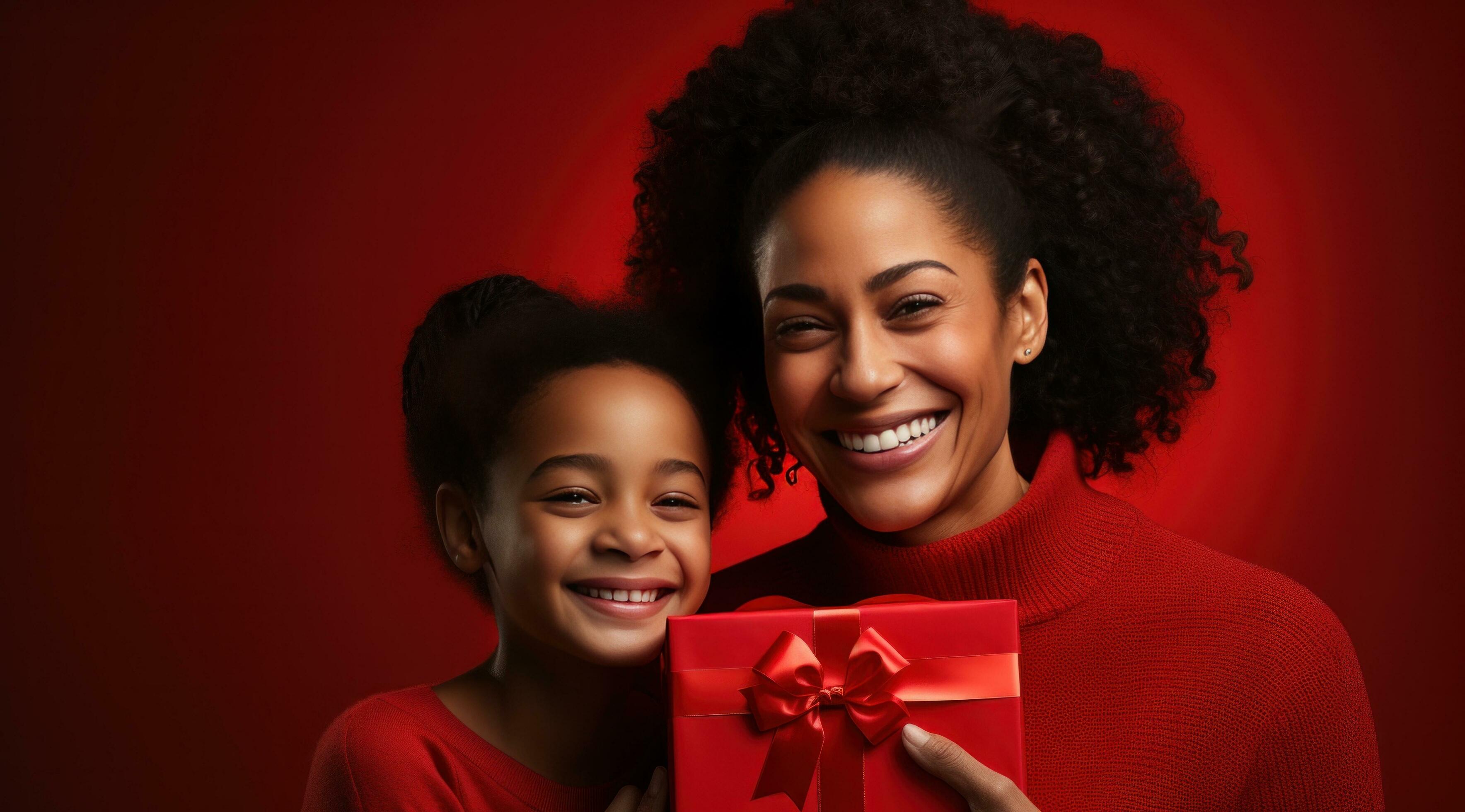 AI generated a woman holding a red gift box in front of a family member, Stock Free