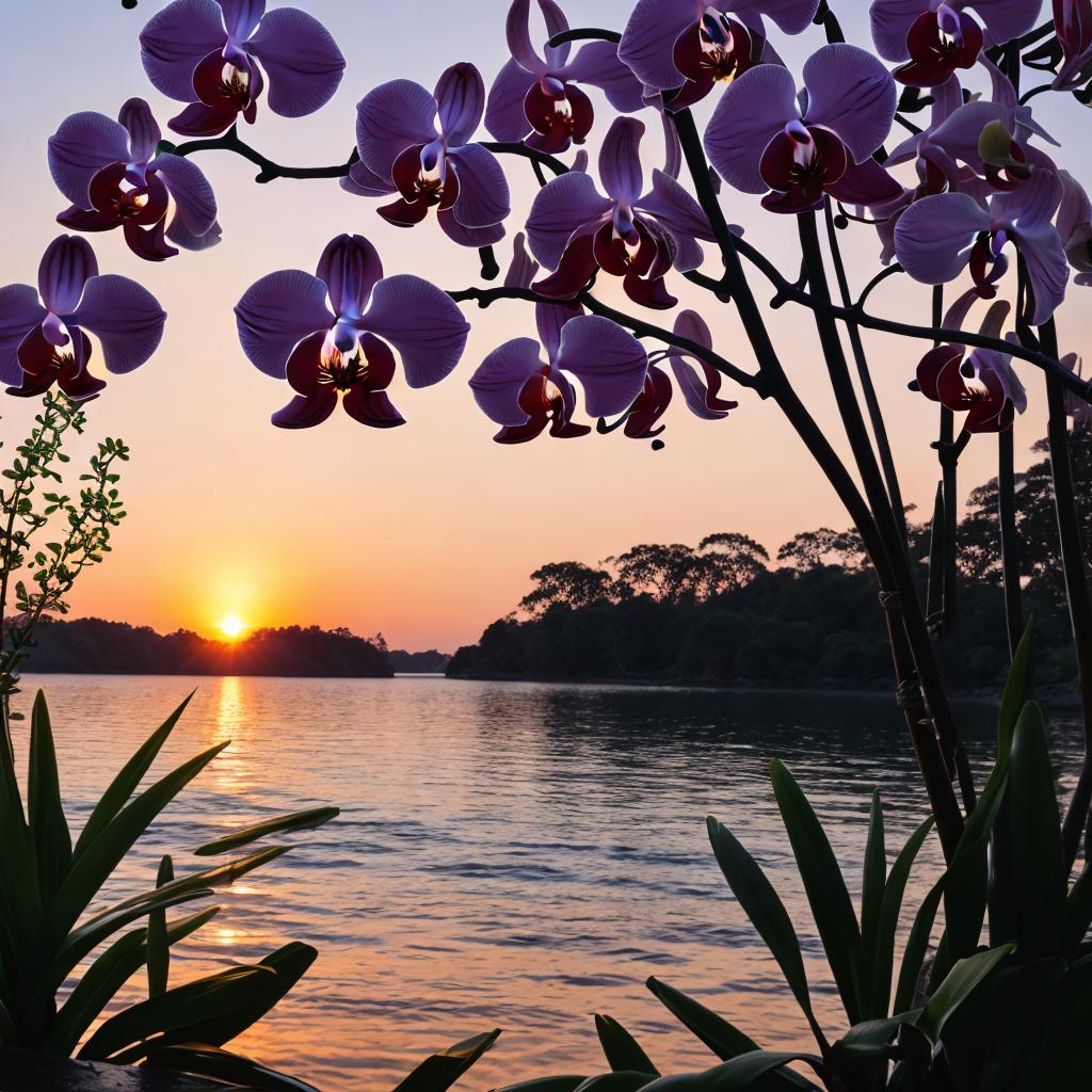 Atardecer con orquídeas y by @ai_generated