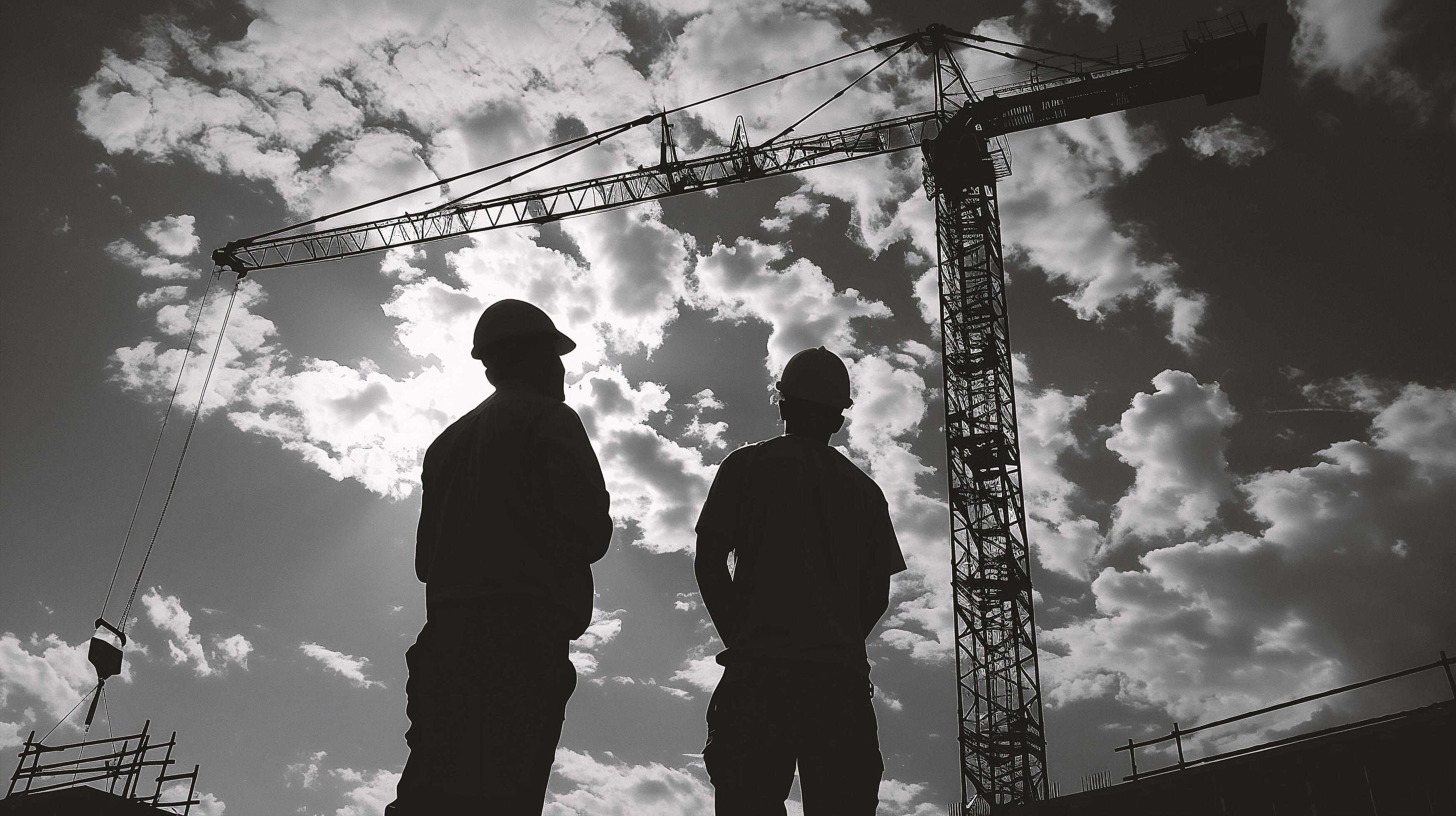 silhouette of engineer and construction worker on the background of building Stock Free