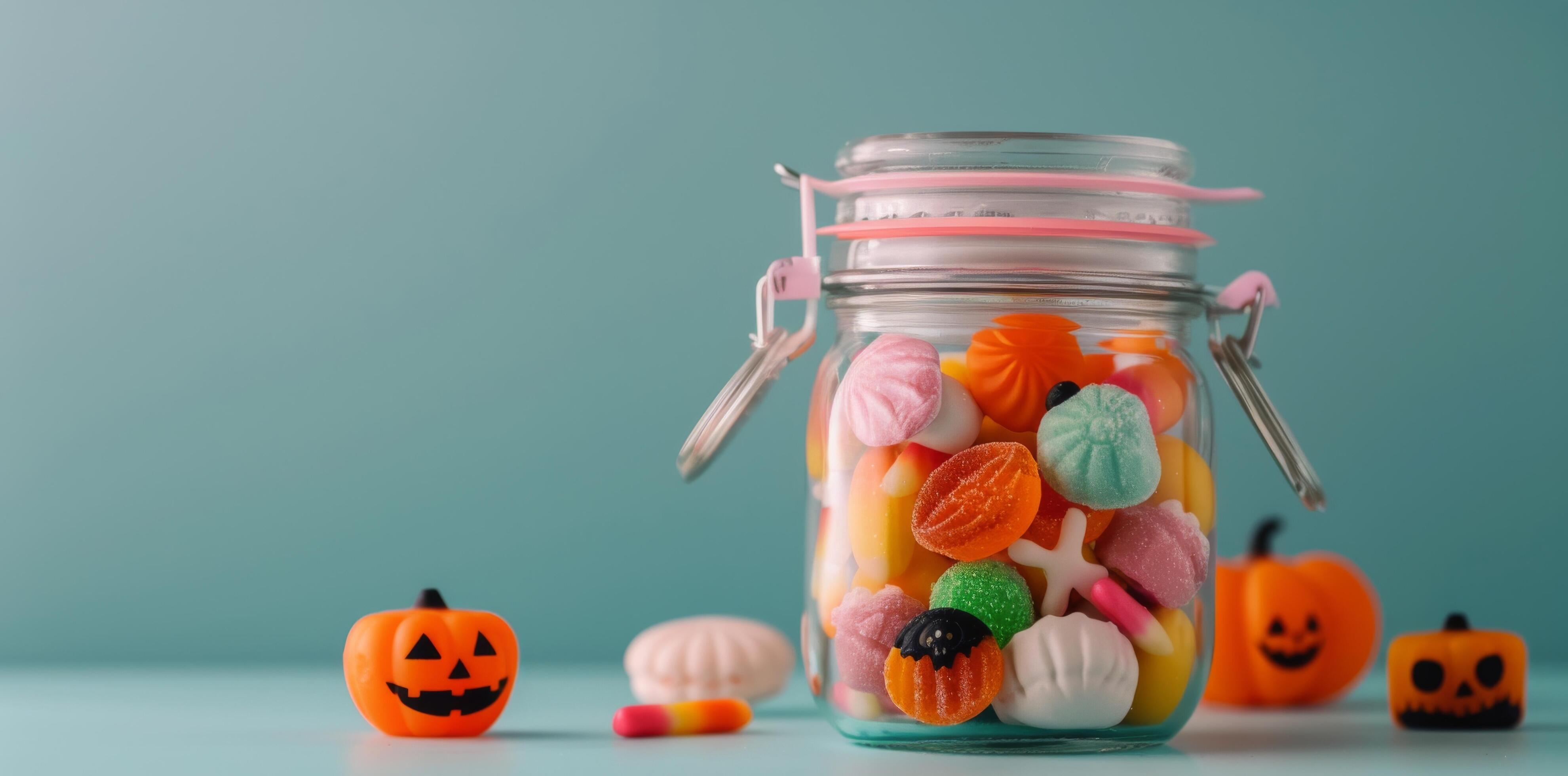 Colorful Candy Jar Filled With Assorted Treats on a Turquoise Background Stock Free