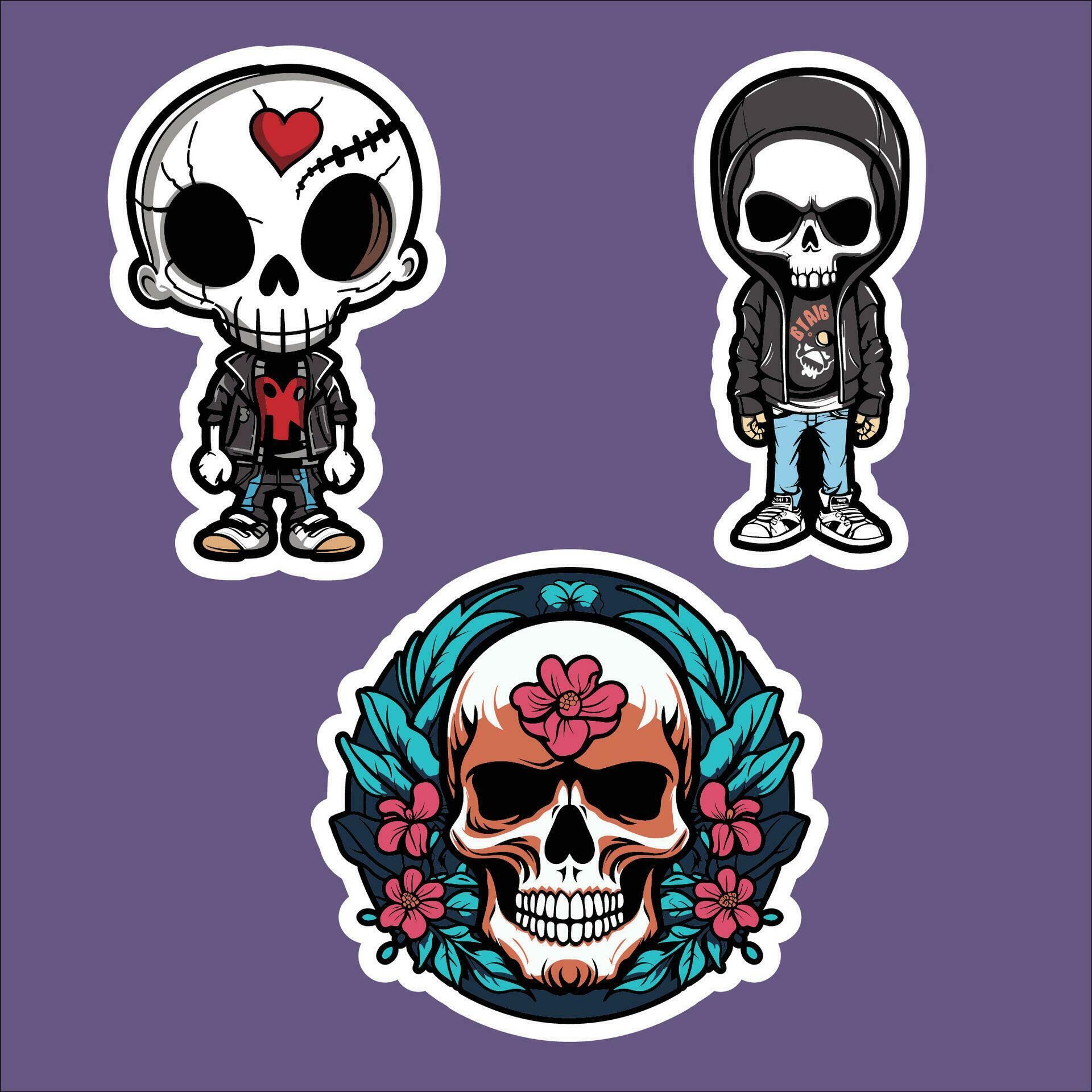 Three Sticker Set of Skulls and Flowers Stock Free