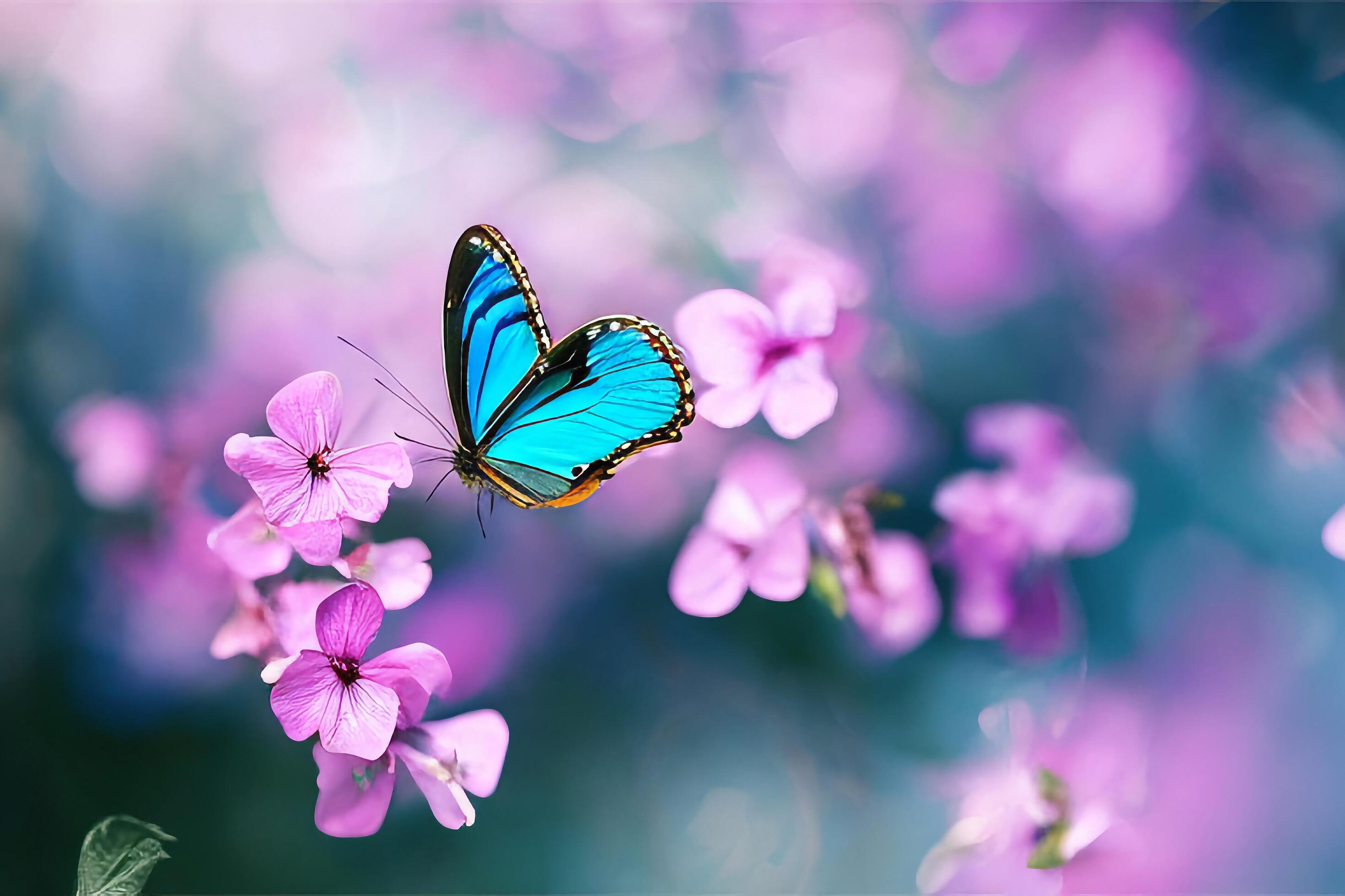 The butterfly is collecting nectar from the violet flowers with . Stock Free