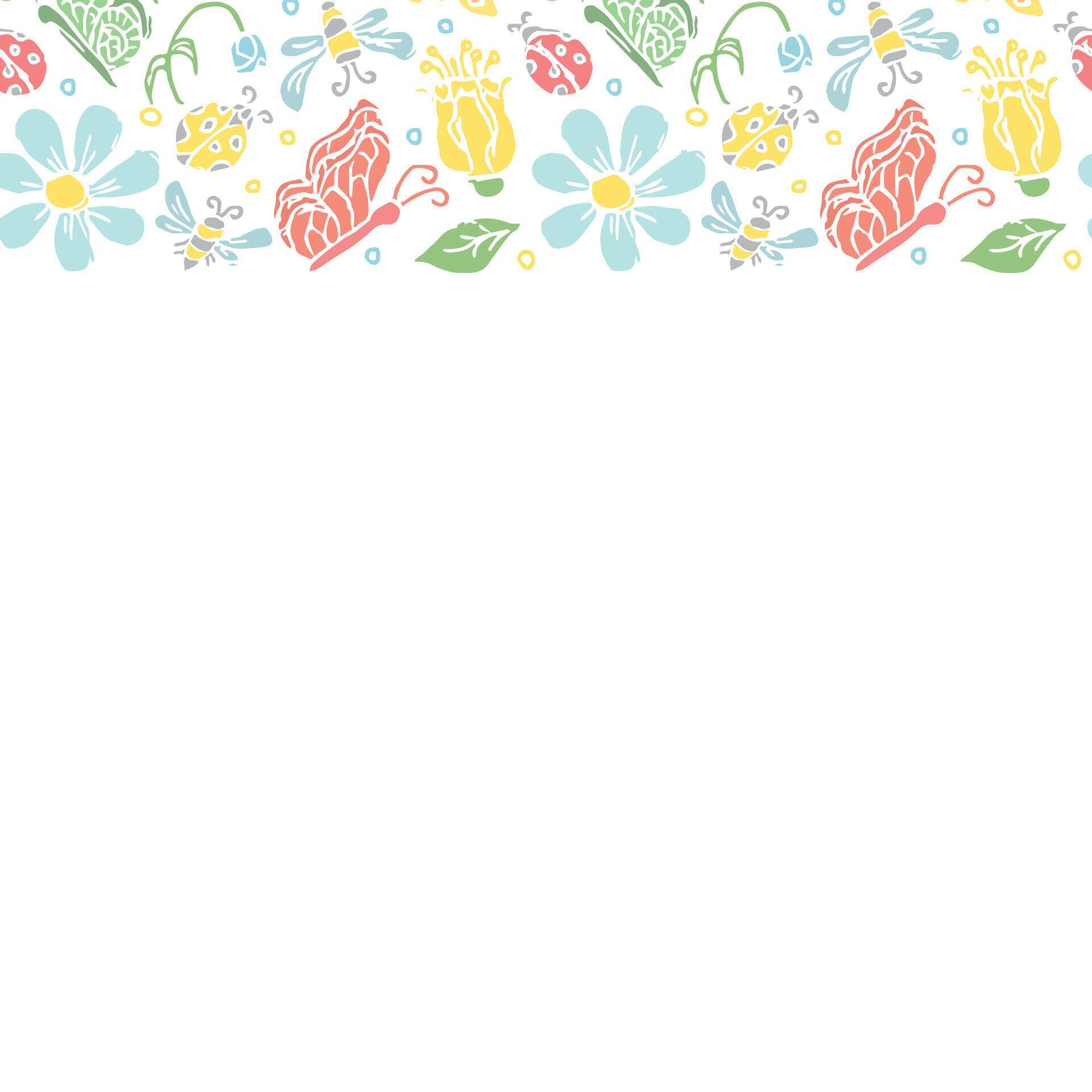 Spring floral frame with flowers, butterflies, bees and ladybugs. Seamless flowers background Stock Free