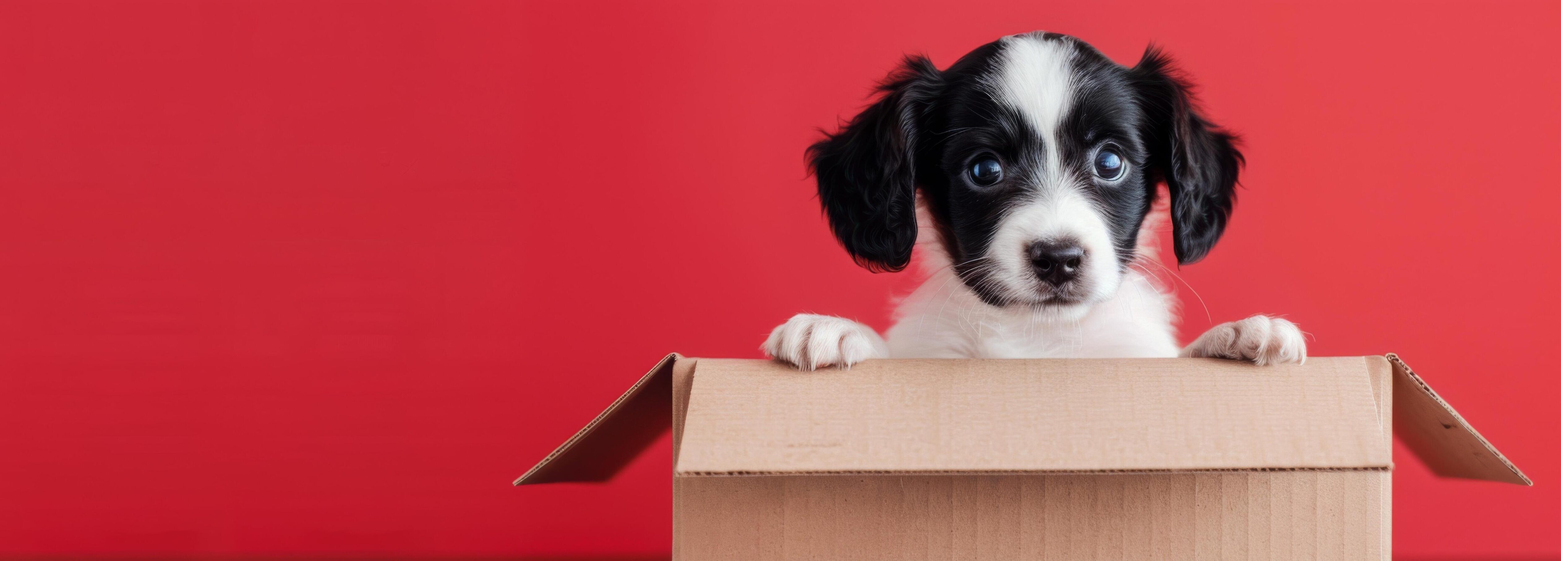 Adorable Puppy Peeking From Cardboard Box Against Bright Red Background Stock Free